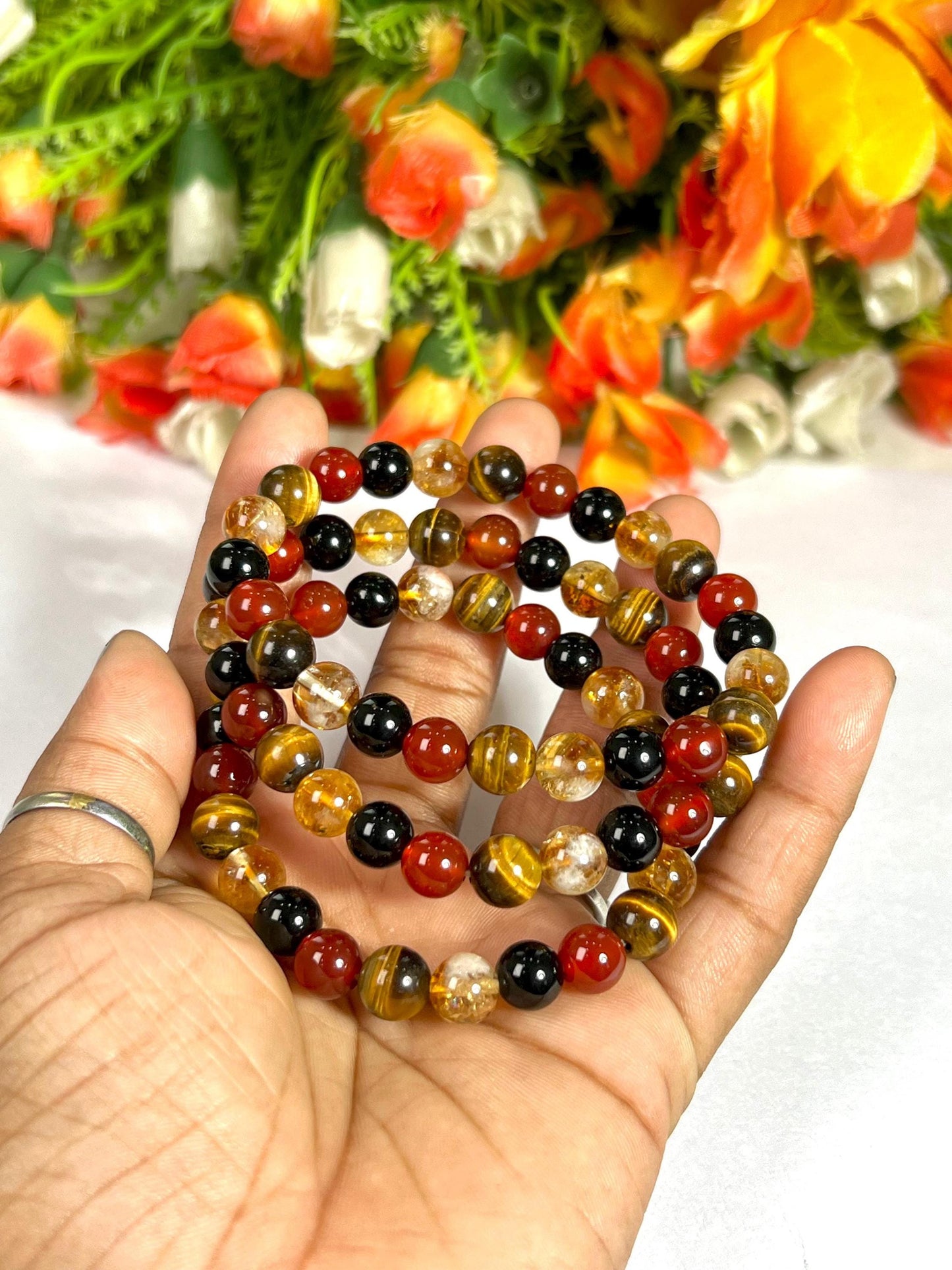 Leo Zodiac Sign Stone Bracelet Planet Sun Bracelet Element Fire Bracelet Citrine , Tiger's Eye ,Carnelian ,Rainbow Obsidian Bracelet 8 mm
