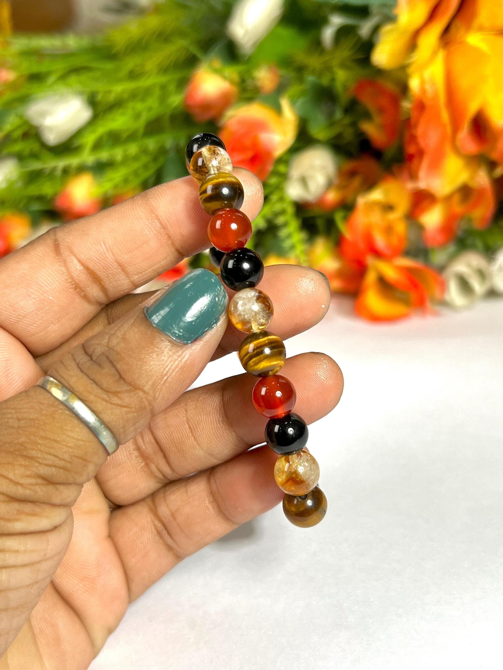 Leo Zodiac Sign Stone Bracelet Planet Sun Bracelet Element Fire Bracelet Citrine , Tiger's Eye ,Carnelian ,Rainbow Obsidian Bracelet 8 mm