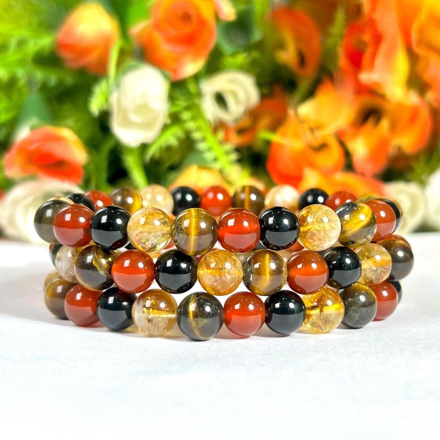 Leo Zodiac Sign Stone Bracelet Planet Sun Bracelet Element Fire Bracelet Citrine , Tiger's Eye ,Carnelian ,Rainbow Obsidian Bracelet 8 mm