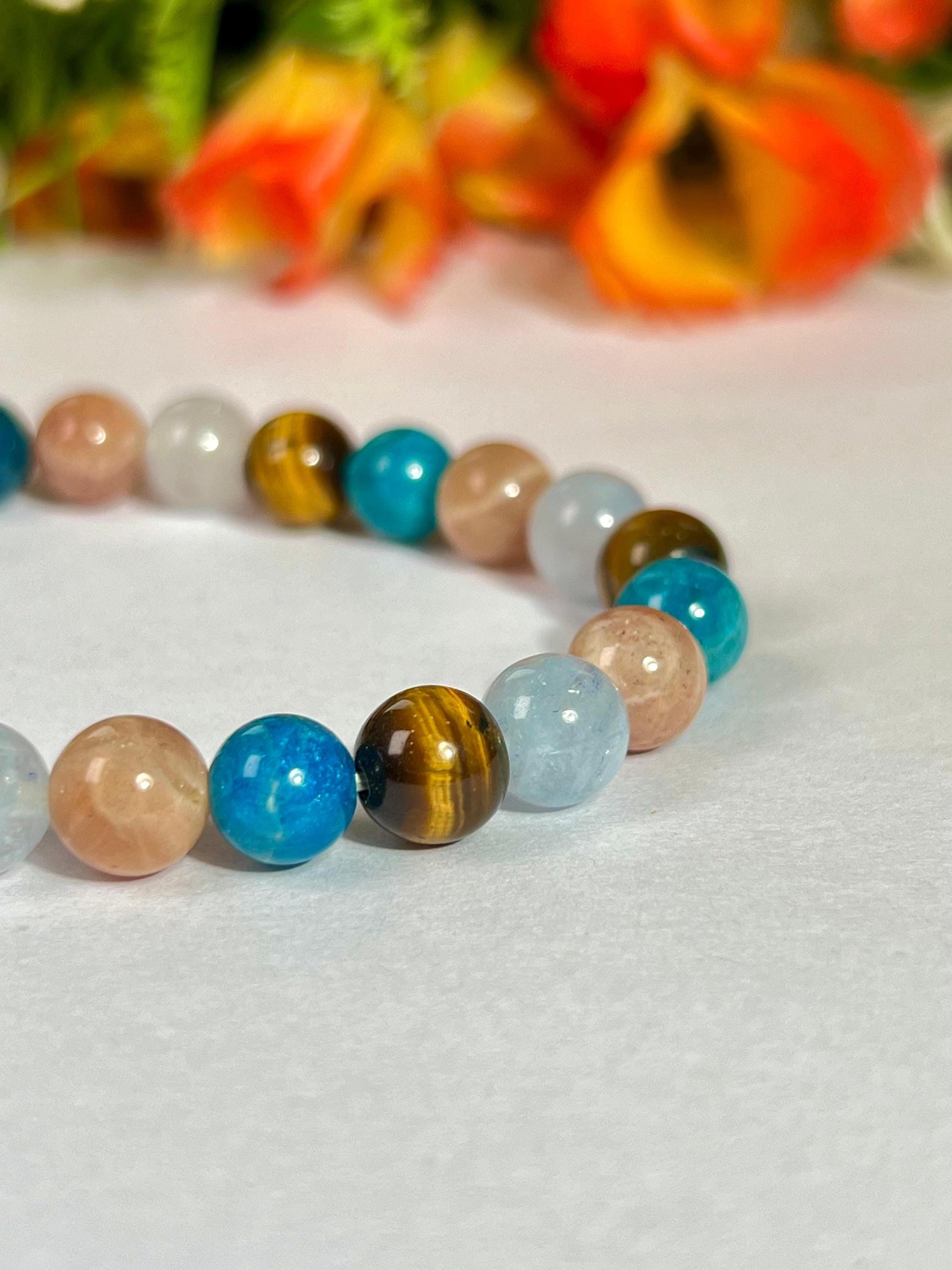 Gemini Zodiac Sign Stone Bracelet Planet Mercury Element Air Bracelet, B Apatite, Tiger Eye ,Peach Moonstone, Aquamarine Stone Bracelet 8 mm