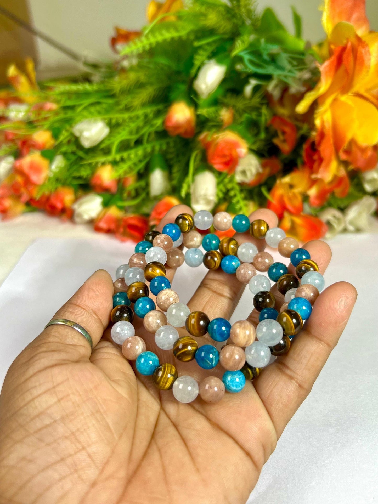 Gemini Zodiac Sign Stone Bracelet Planet Mercury Element Air Bracelet, B Apatite, Tiger Eye ,Peach Moonstone, Aquamarine Stone Bracelet 8 mm