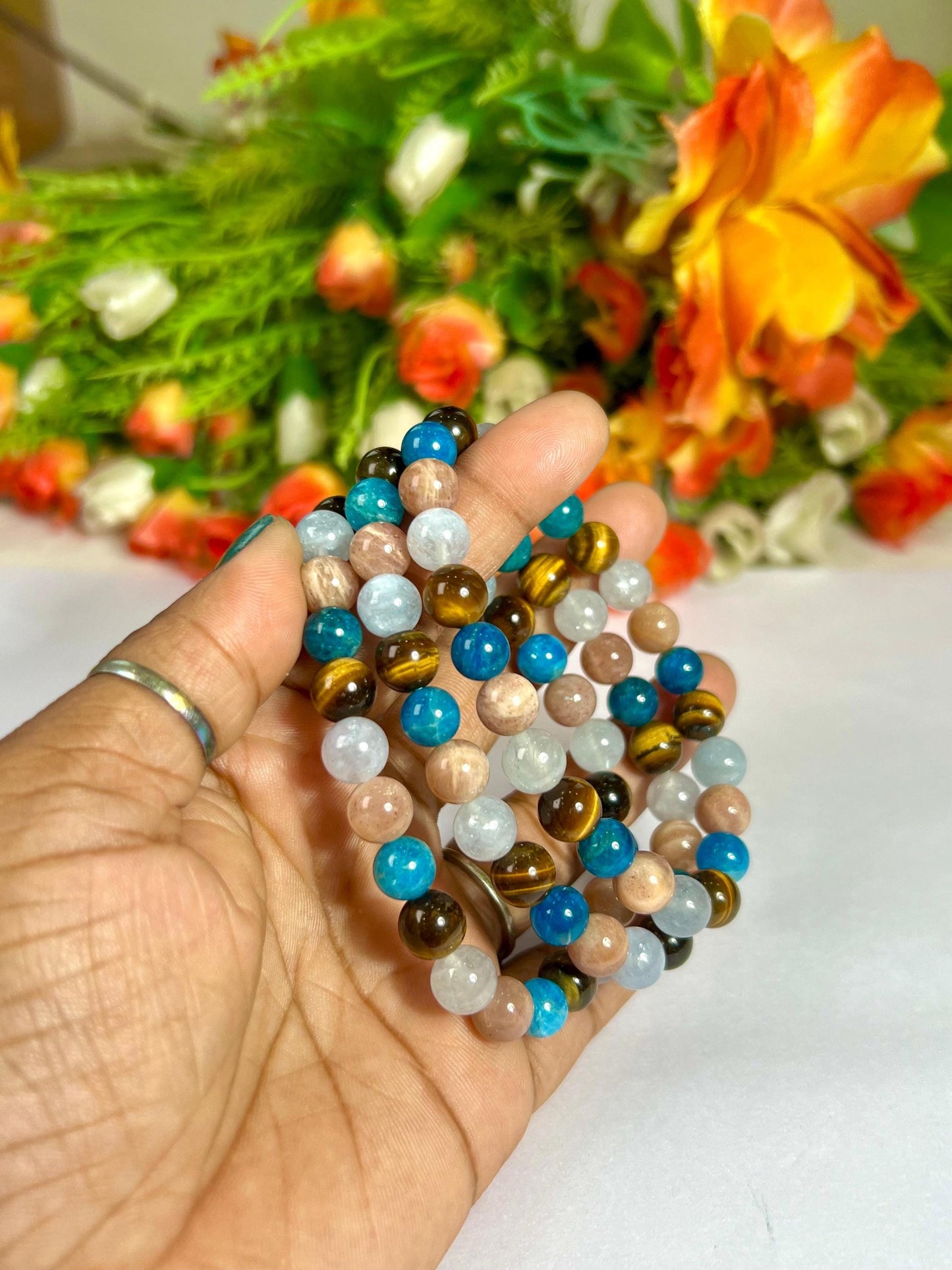 Gemini Zodiac Sign Stone Bracelet Planet Mercury Element Air Bracelet, B Apatite, Tiger Eye ,Peach Moonstone, Aquamarine Stone Bracelet 8 mm