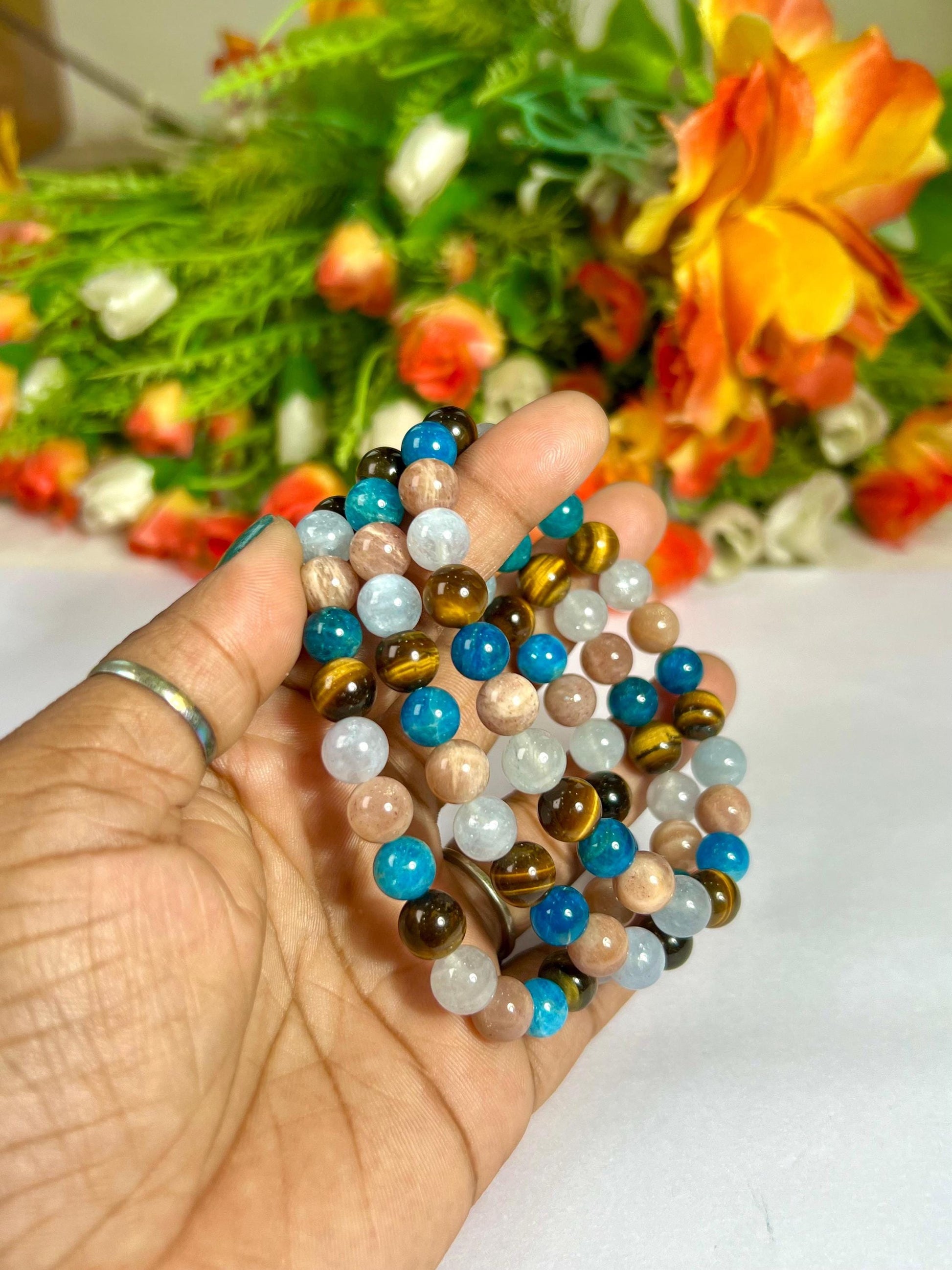 Gemini Zodiac Sign Stone Bracelet Planet Mercury Element Air Bracelet, B Apatite, Tiger Eye ,Peach Moonstone, Aquamarine Stone Bracelet 8 mm