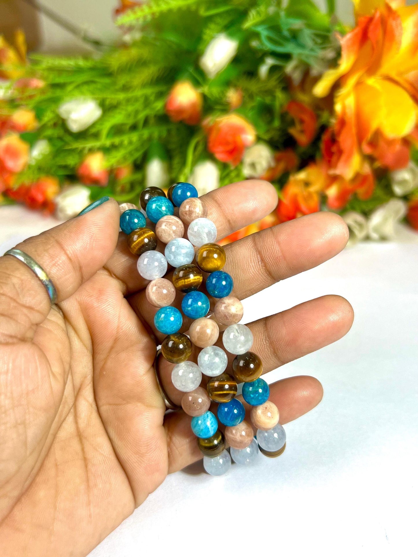 Gemini Zodiac Sign Stone Bracelet Planet Mercury Element Air Bracelet, B Apatite, Tiger Eye ,Peach Moonstone, Aquamarine Stone Bracelet 8 mm