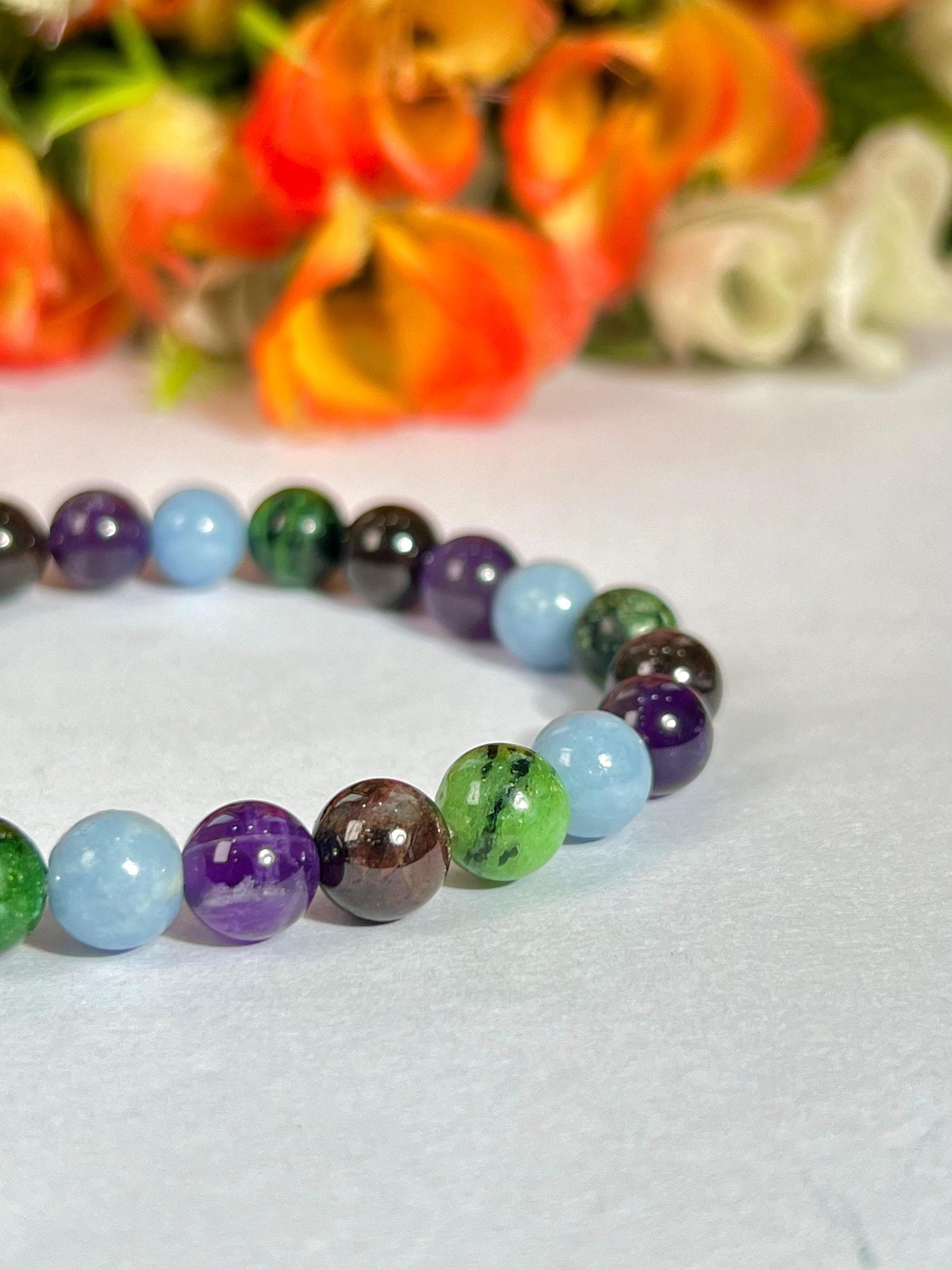 Aquarius Zodiac Sign Stone Bracelet Planet Uranus Bracelet Element Air Bracelet, Garnet, Ruby Zosite, Amethyst ,Angelite Stone Bracelet 8 mm