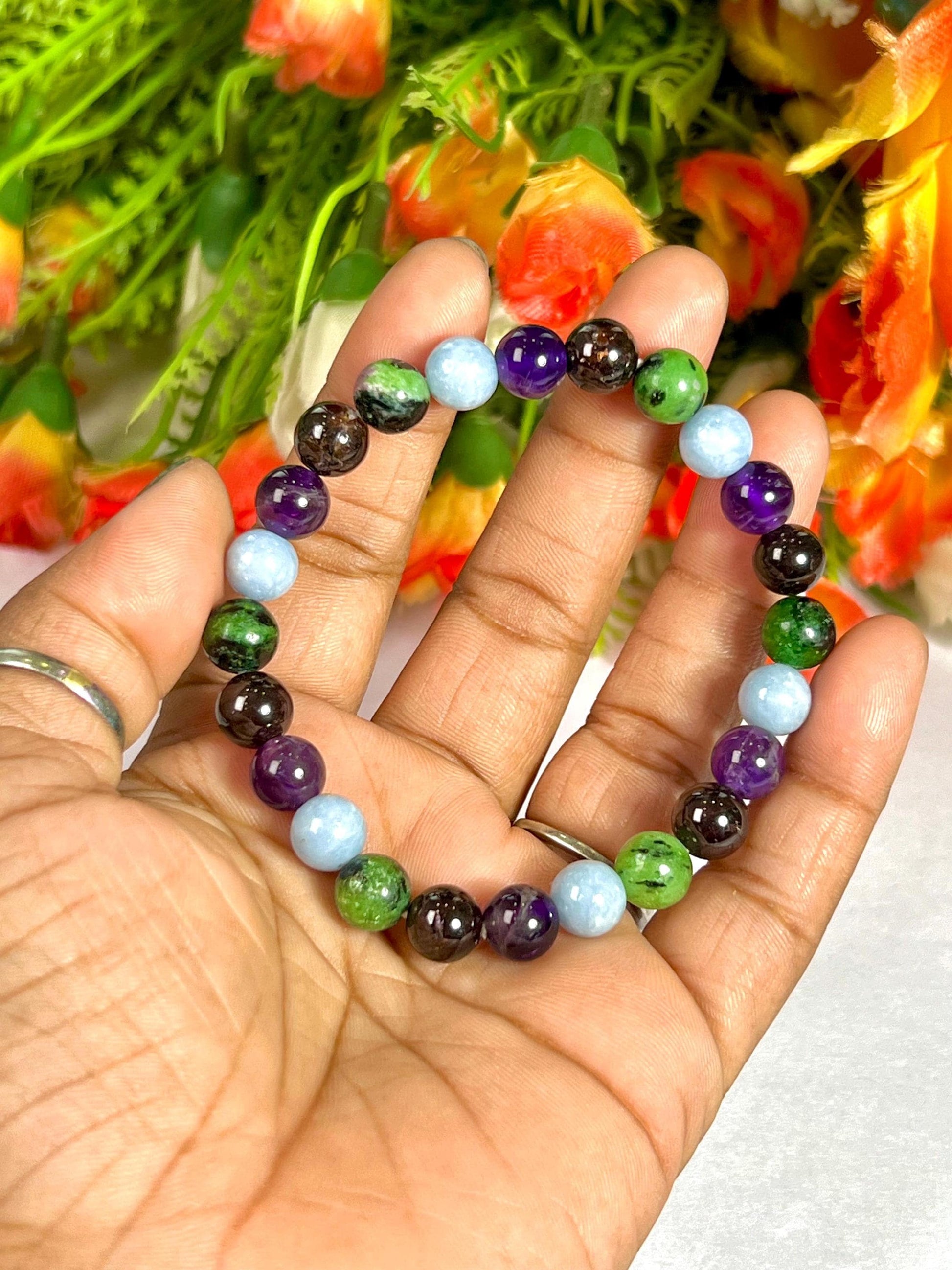 Aquarius Zodiac Sign Stone Bracelet Planet Uranus Bracelet Element Air Bracelet, Garnet, Ruby Zosite, Amethyst ,Angelite Stone Bracelet 8 mm