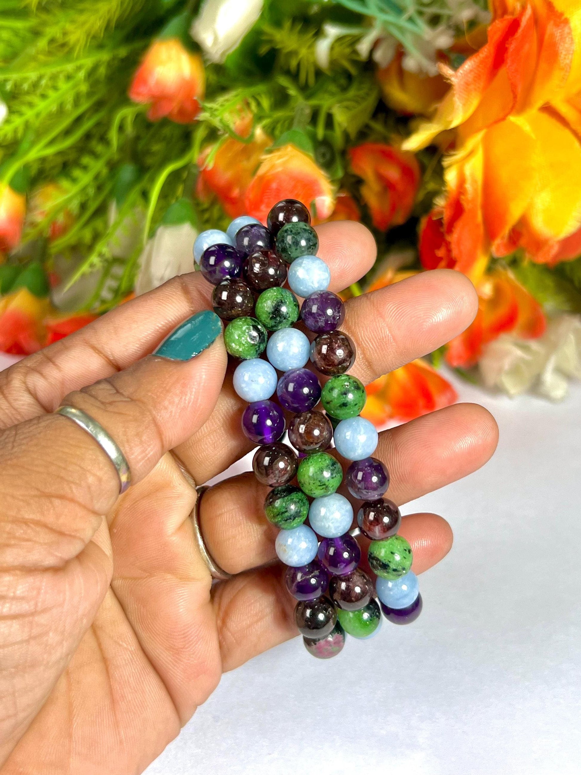 Aquarius Zodiac Sign Stone Bracelet Planet Uranus Bracelet Element Air Bracelet, Garnet, Ruby Zosite, Amethyst ,Angelite Stone Bracelet 8 mm