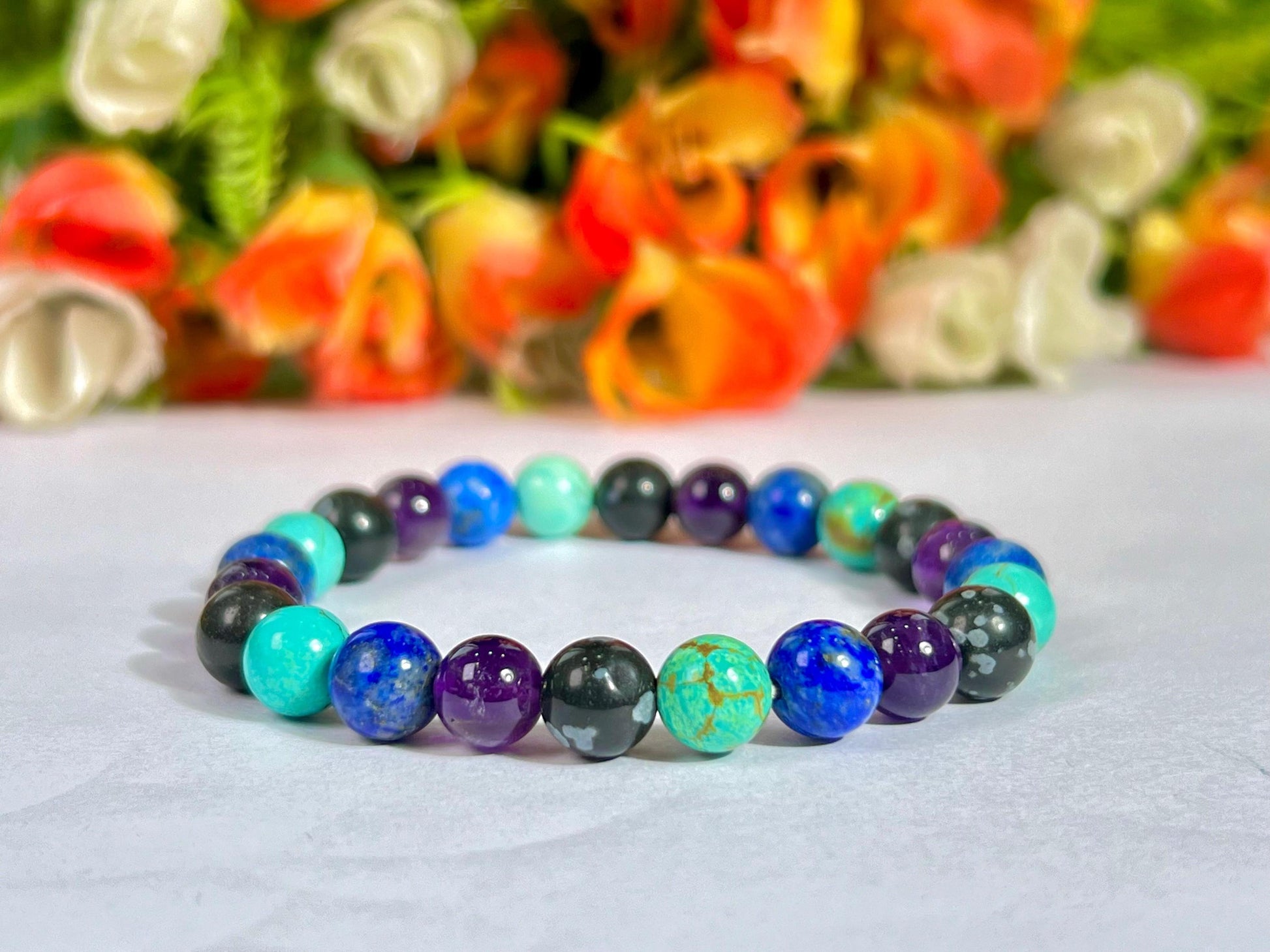 Sagittarius Zodiac Sign Stone Bracelet Planet Jupiter Element Fire Lapis Lazuli,Howlite Turquoise,Snowflake Obsidian,Amethyst Bracelet 8 mm