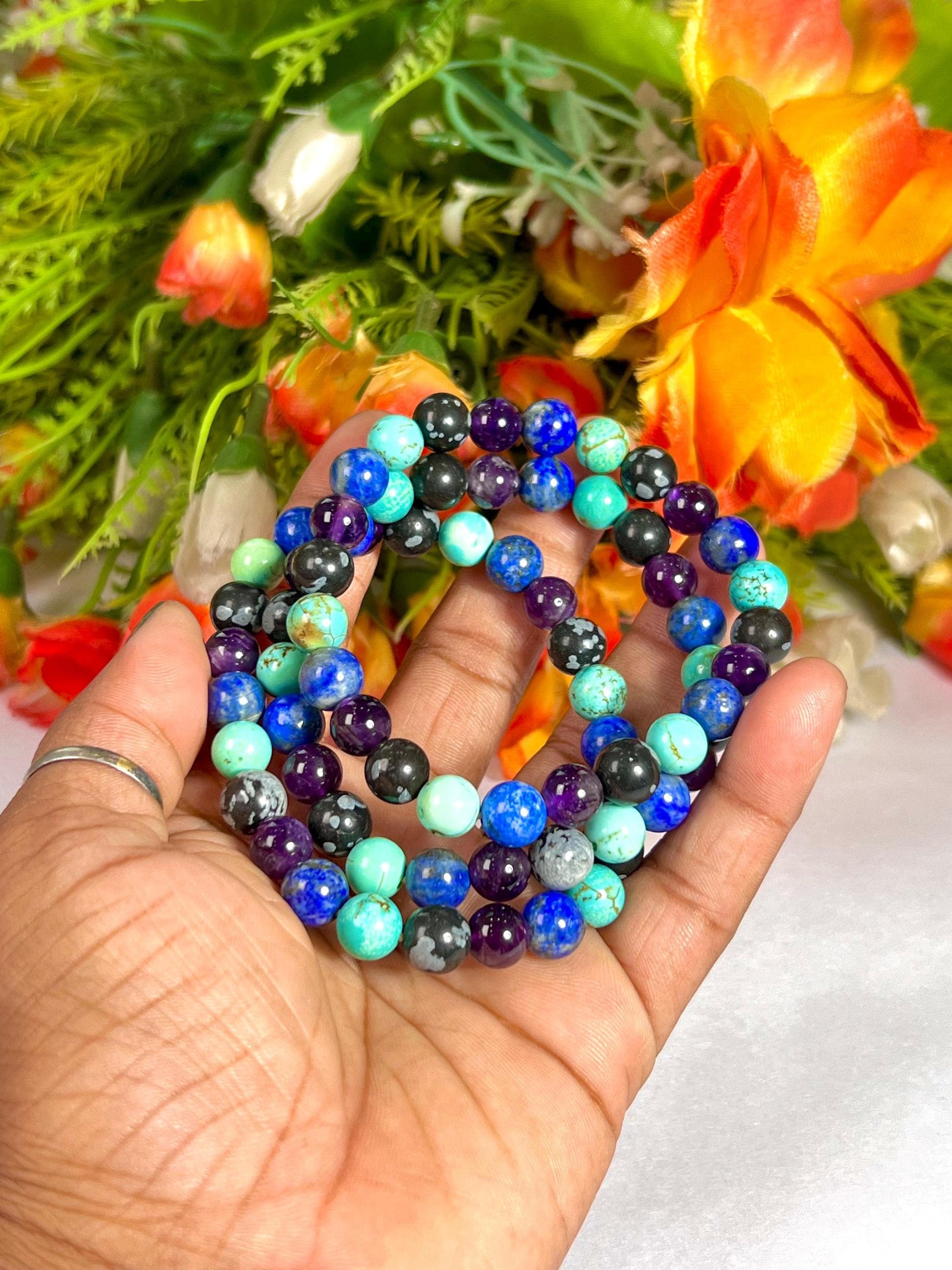 Sagittarius Zodiac Sign Stone Bracelet Planet Jupiter Element Fire Lapis Lazuli,Howlite Turquoise,Snowflake Obsidian,Amethyst Bracelet 8 mm