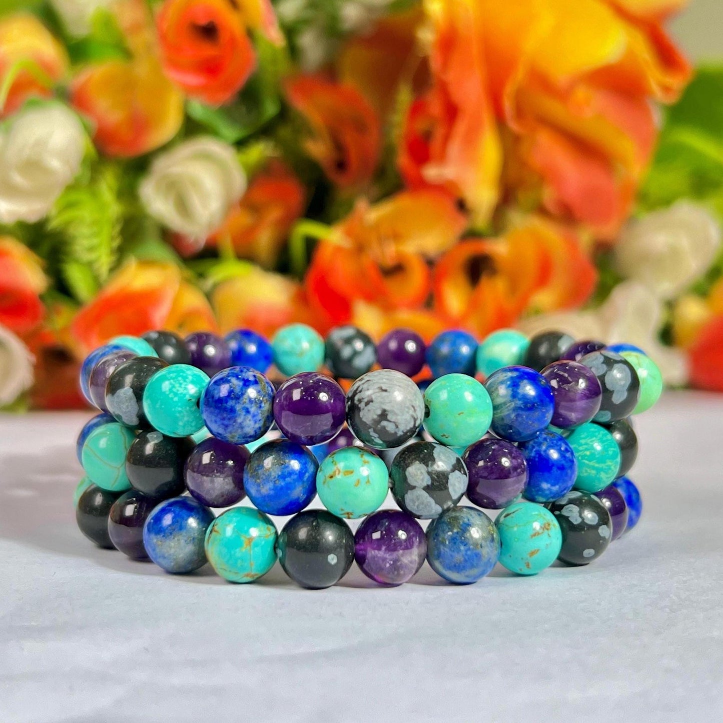 Sagittarius Zodiac Sign Stone Bracelet Planet Jupiter Element Fire Lapis Lazuli,Howlite Turquoise,Snowflake Obsidian,Amethyst Bracelet 8 mm