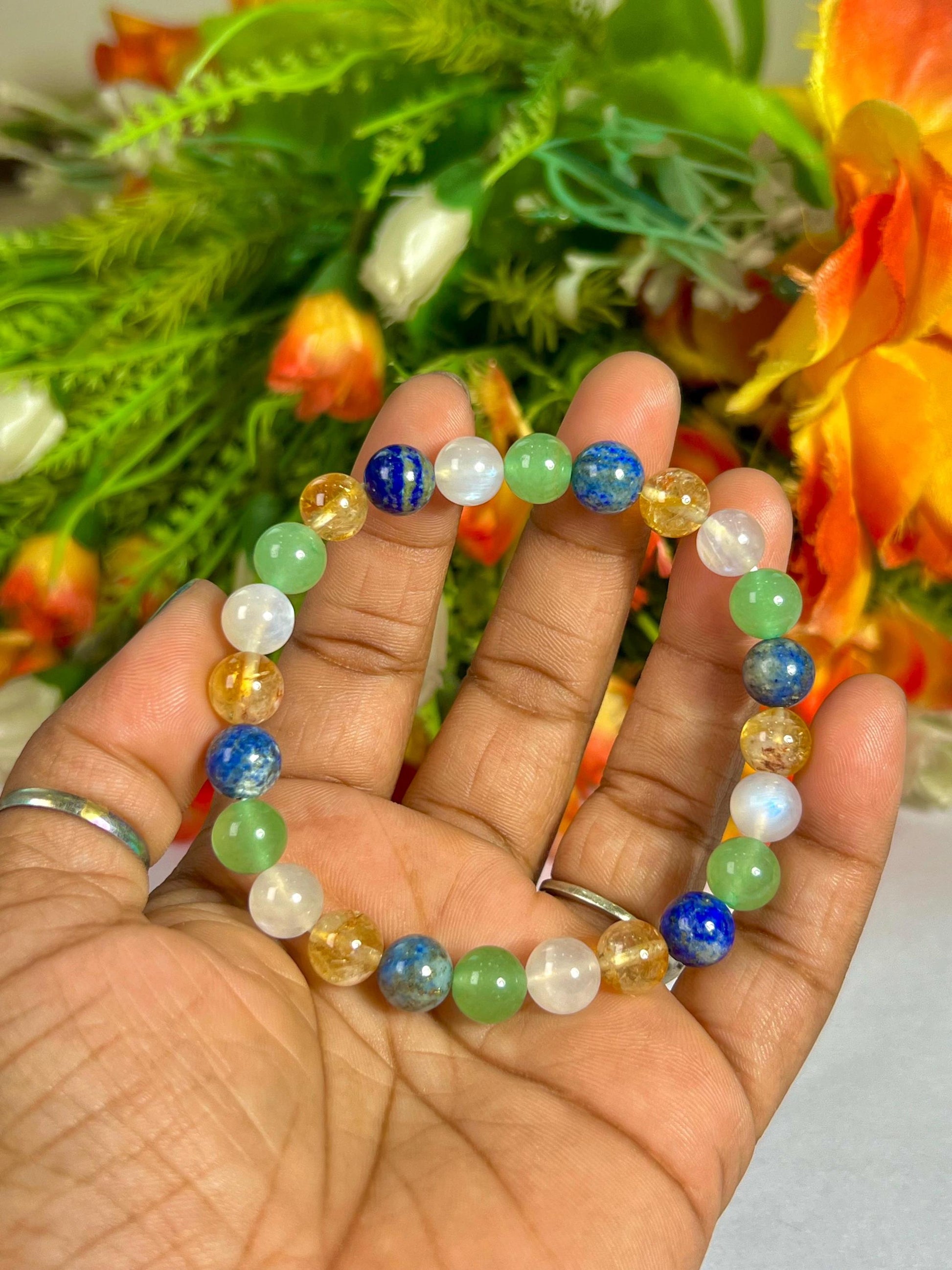 Libra Zodiac Sign Stone Bracelet Planet Venus Bracelet Element Air Bracelet Lapis Lazuli, Citrine ,R Moonstone, G Aventurine Bracelet 8 mm