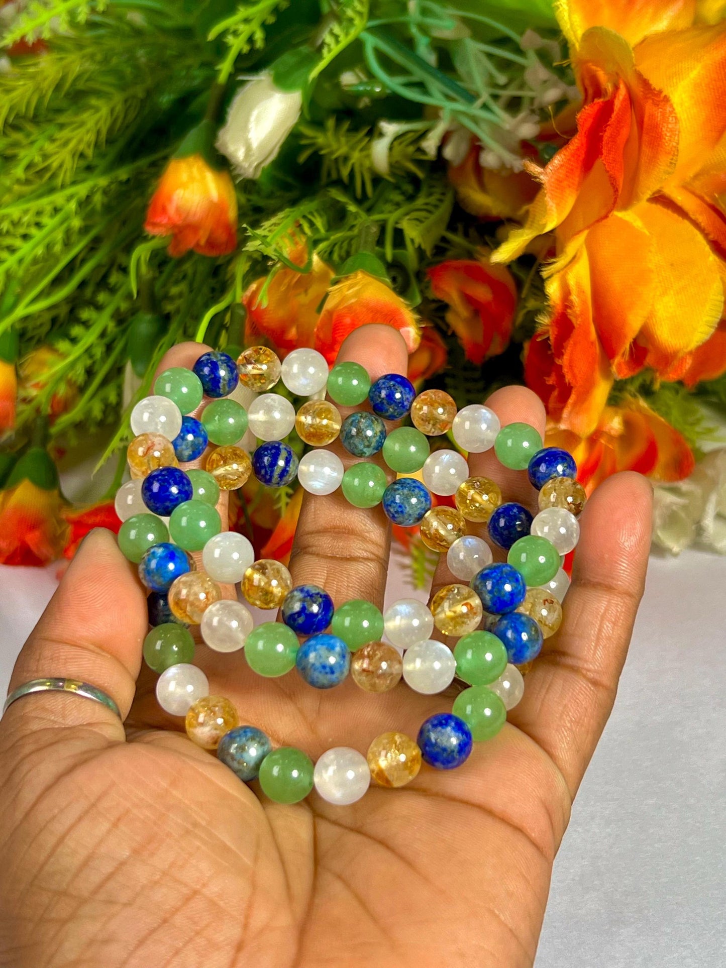 Libra Zodiac Sign Stone Bracelet Planet Venus Bracelet Element Air Bracelet Lapis Lazuli, Citrine ,R Moonstone, G Aventurine Bracelet 8 mm