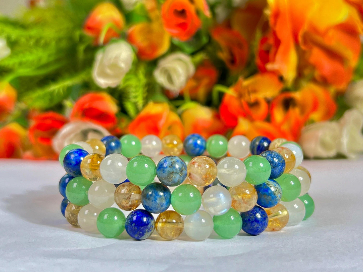 Libra Zodiac Sign Stone Bracelet Planet Venus Bracelet Element Air Bracelet Lapis Lazuli, Citrine ,R Moonstone, G Aventurine Bracelet 8 mm