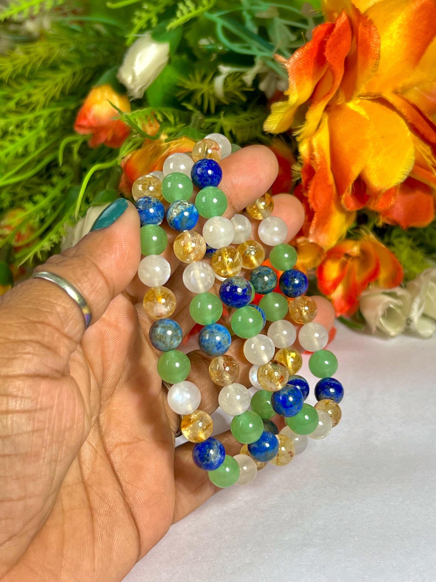 Libra Zodiac Sign Stone Bracelet Planet Venus Bracelet Element Air Bracelet Lapis Lazuli, Citrine ,R Moonstone, G Aventurine Bracelet 8 mm