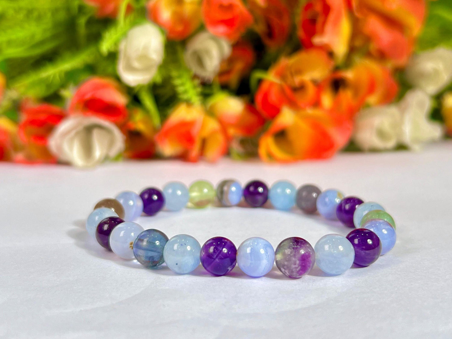 Pisces Zodiac Sign Stone Bracelet | Planet Neptune Element Water Bracelet | Blue Lace Agate, Amethyst, Aquamarine, Fluorite Bracelet