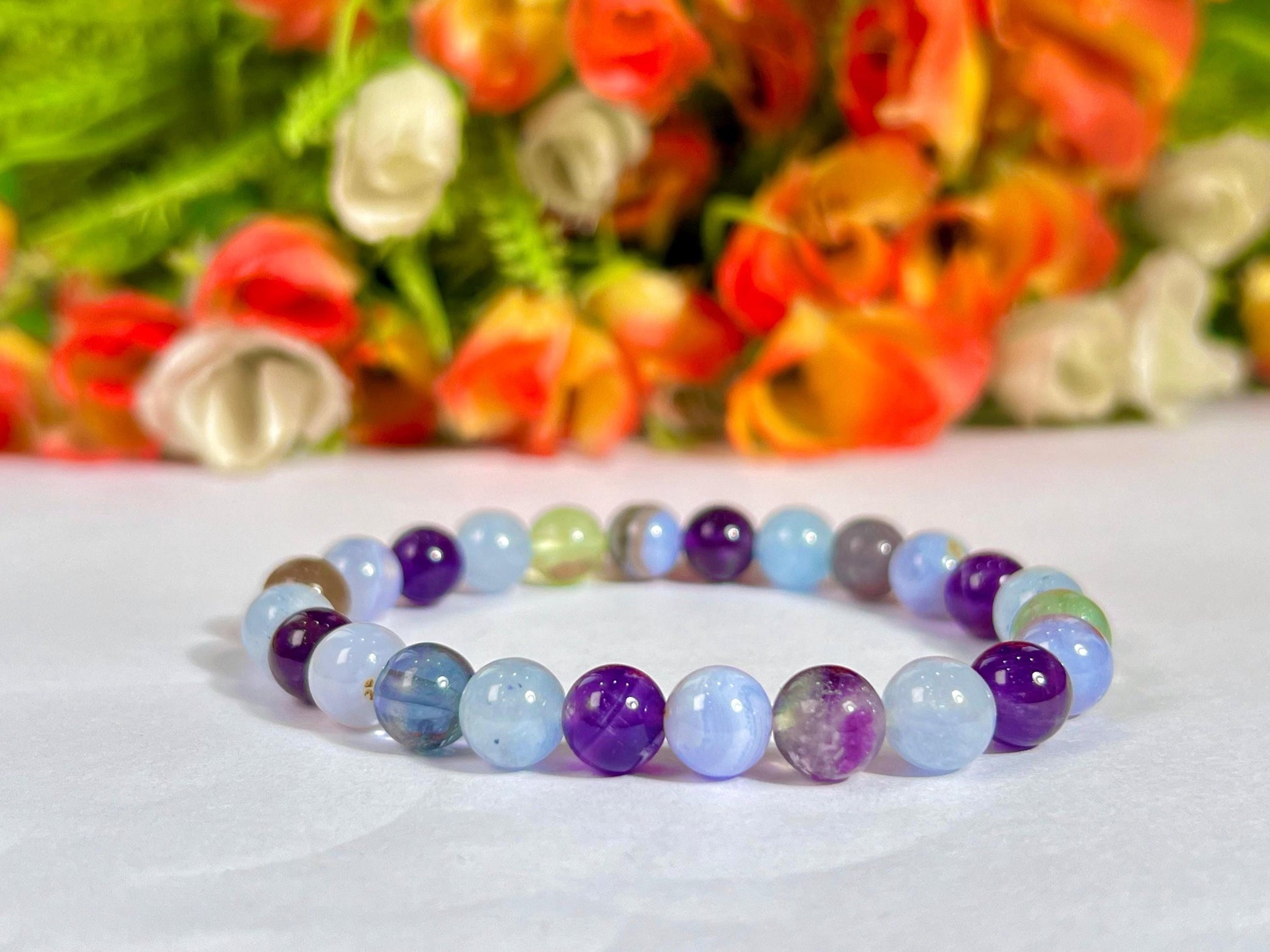 Pisces Zodiac Sign Stone Bracelet | Planet Neptune Element Water Bracelet | Blue Lace Agate, Amethyst, Aquamarine, Fluorite Bracelet