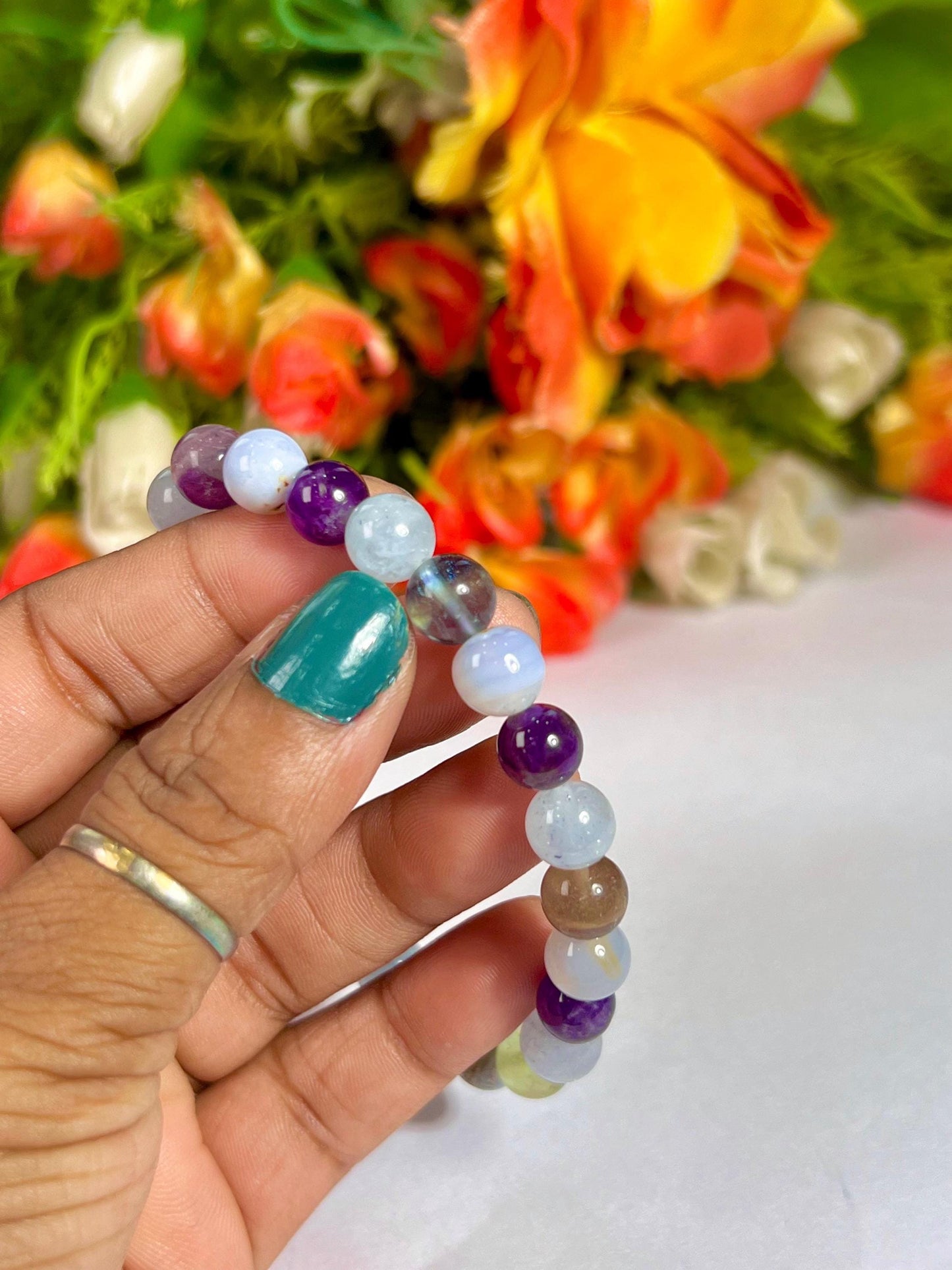 Pisces Zodiac Sign Stone Bracelet | Planet Neptune Element Water Bracelet | Blue Lace Agate, Amethyst, Aquamarine, Fluorite Bracelet