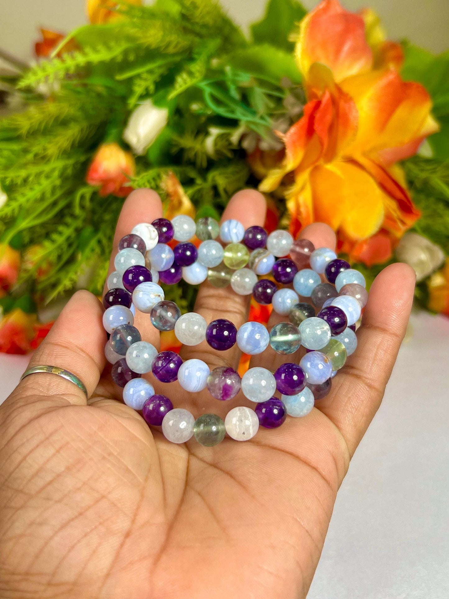 Pisces Zodiac Sign Stone Bracelet | Planet Neptune Element Water Bracelet | Blue Lace Agate, Amethyst, Aquamarine, Fluorite Bracelet