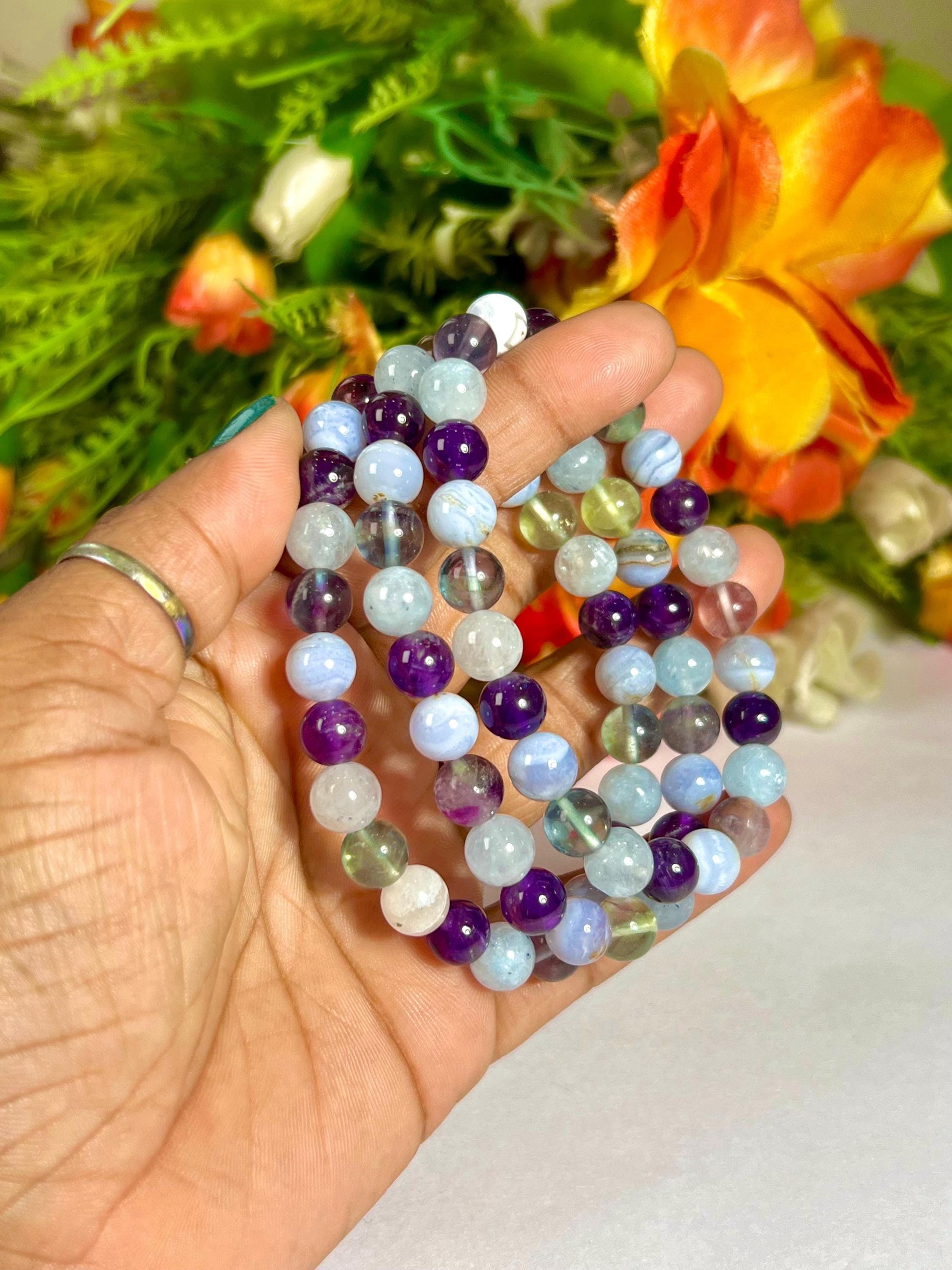 Pisces Zodiac Sign Stone Bracelet | Planet Neptune Element Water Bracelet | Blue Lace Agate, Amethyst, Aquamarine, Fluorite Bracelet