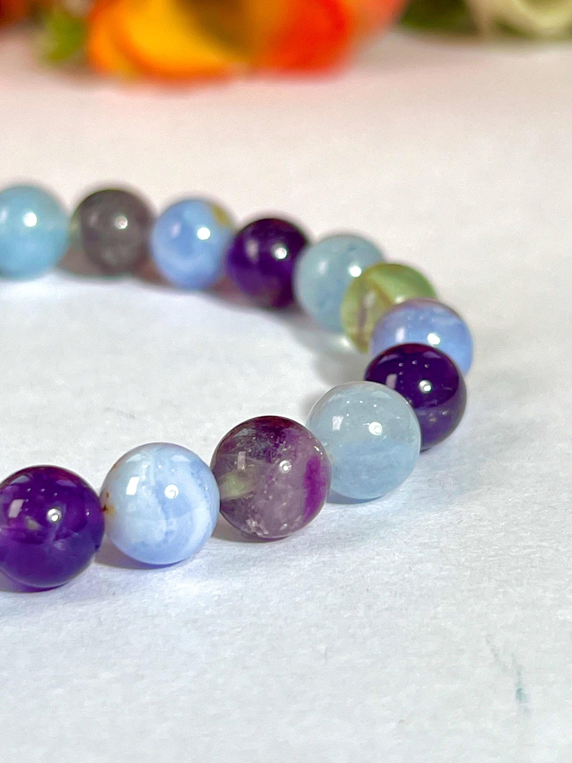 Pisces Zodiac Sign Stone Bracelet | Planet Neptune Element Water Bracelet | Blue Lace Agate, Amethyst, Aquamarine, Fluorite Bracelet
