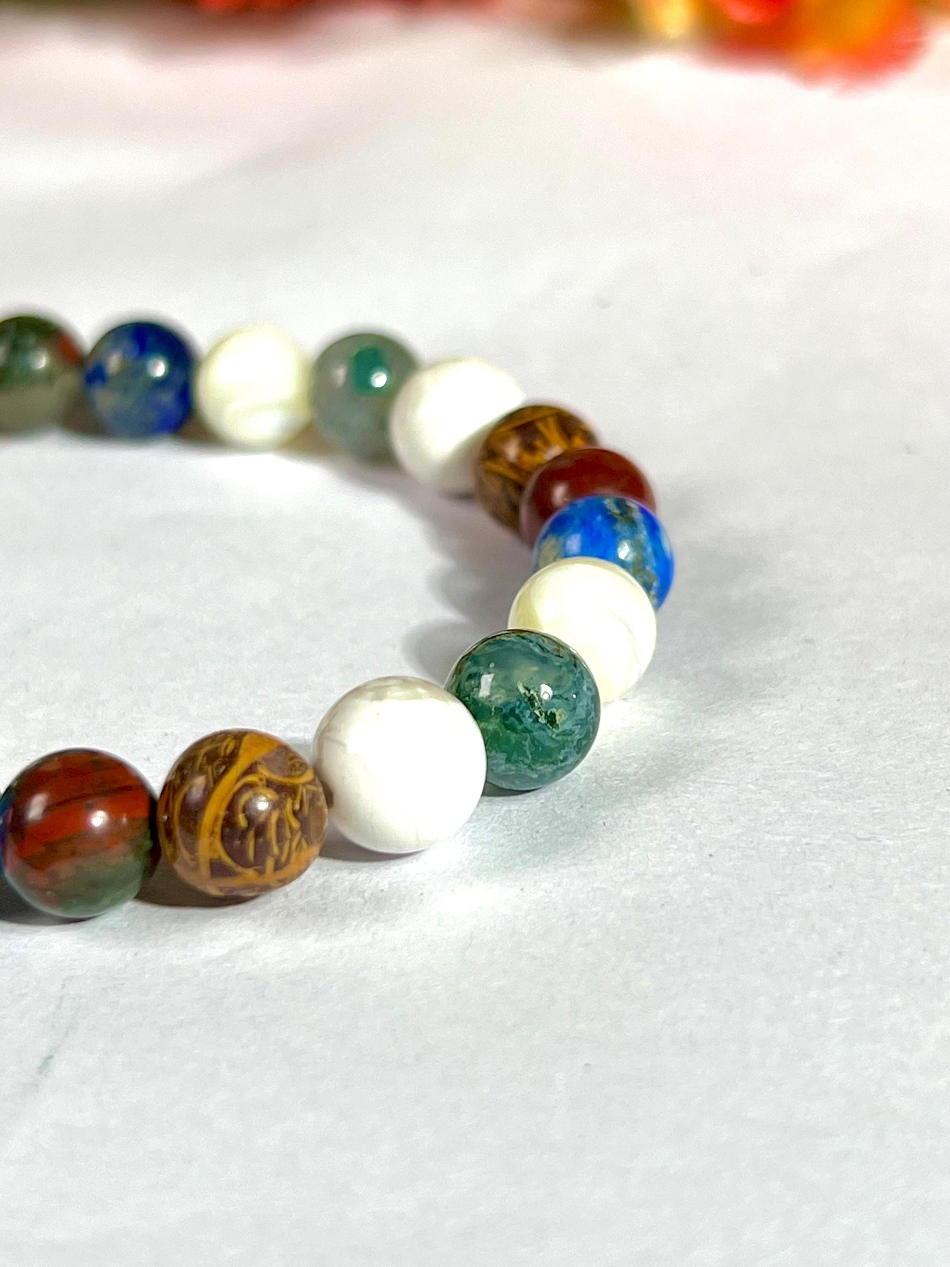 Good Health Crystal Bracelet – Moss Agate, Howlite, Calligraphy Jasper, Bloodstone, Lapis Lazuli & Mother of Pearl