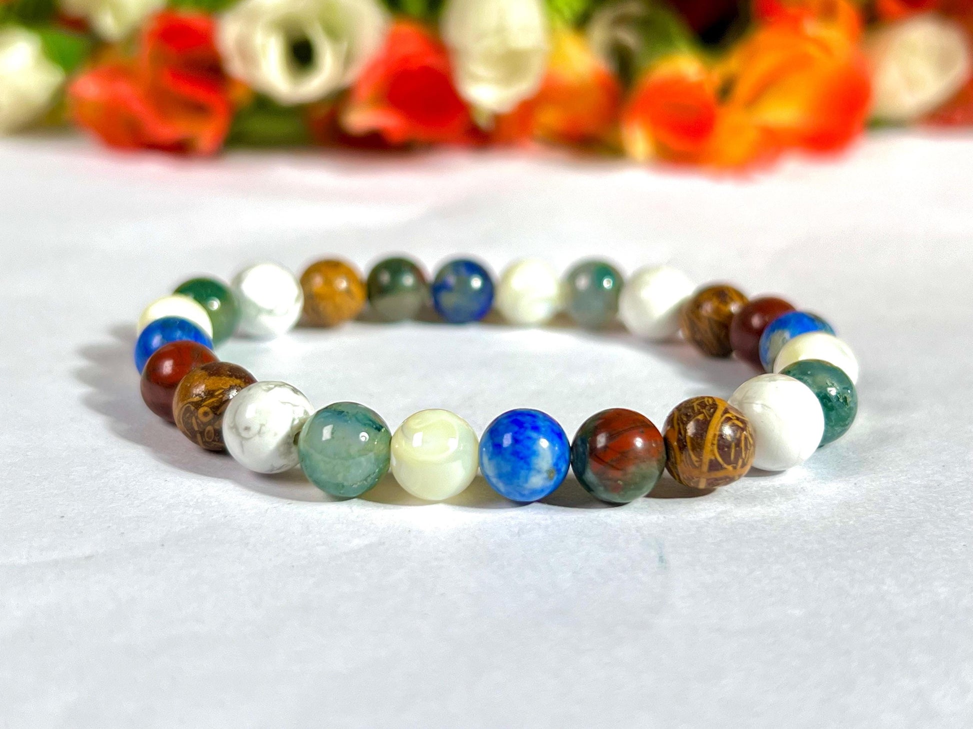 Good Health Crystal Bracelet – Moss Agate, Howlite, Calligraphy Jasper, Bloodstone, Lapis Lazuli & Mother of Pearl