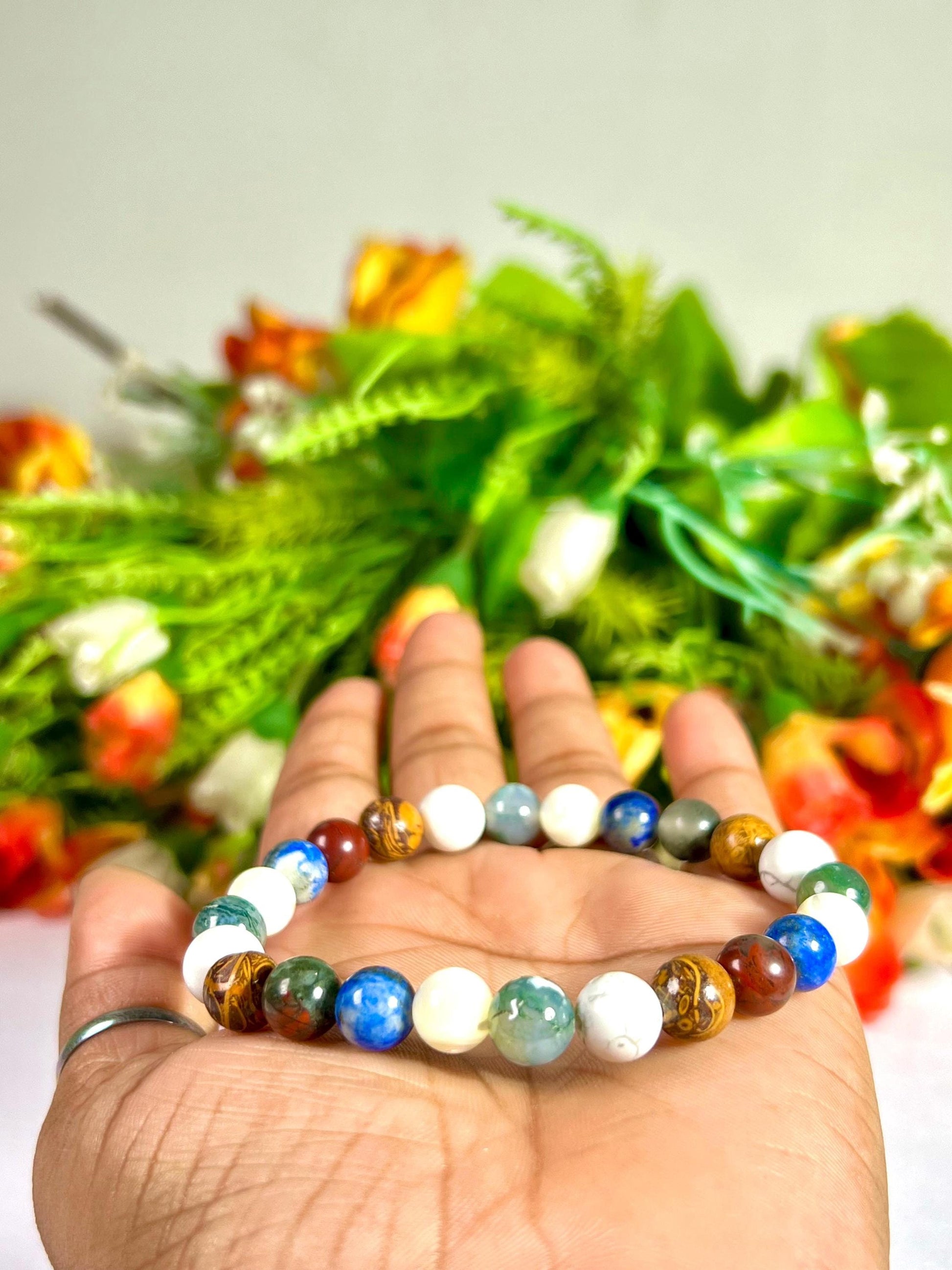 Good Health Crystal Bracelet – Moss Agate, Howlite, Calligraphy Jasper, Bloodstone, Lapis Lazuli & Mother of Pearl