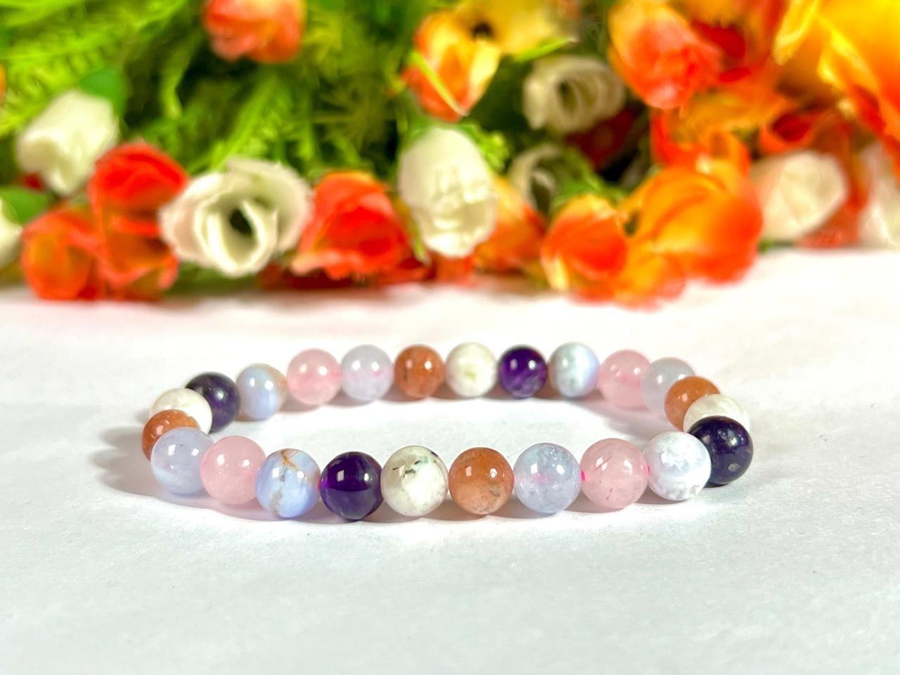 Anxiety and Stress Relief Crystal Bracelet – Aquamarine, Sunstone, Rainbow Moonstone, Amethyst, Blue Lace Agate, Rose Quartz and Lepidolite