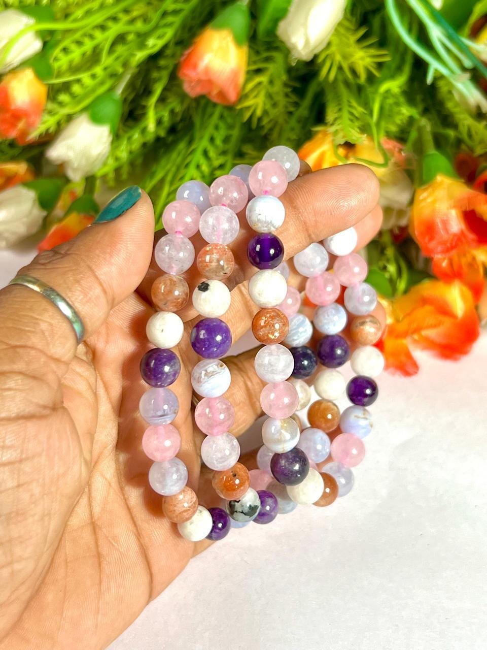 Anxiety and Stress Relief Crystal Bracelet – Aquamarine, Sunstone, Rainbow Moonstone, Amethyst, Blue Lace Agate, Rose Quartz and Lepidolite