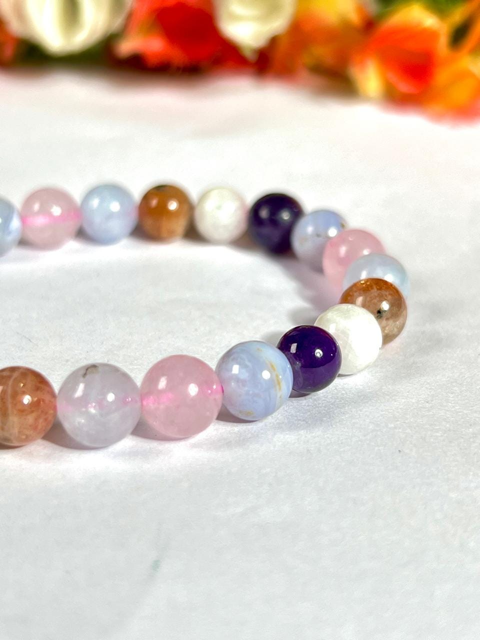 Anxiety and Stress Relief Crystal Bracelet – Aquamarine, Sunstone, Rainbow Moonstone, Amethyst, Blue Lace Agate, Rose Quartz and Lepidolite
