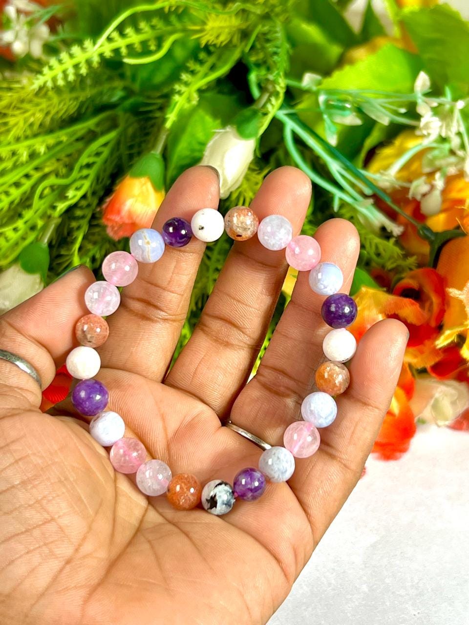 Anxiety and Stress Relief Crystal Bracelet – Aquamarine, Sunstone, Rainbow Moonstone, Amethyst, Blue Lace Agate, Rose Quartz and Lepidolite