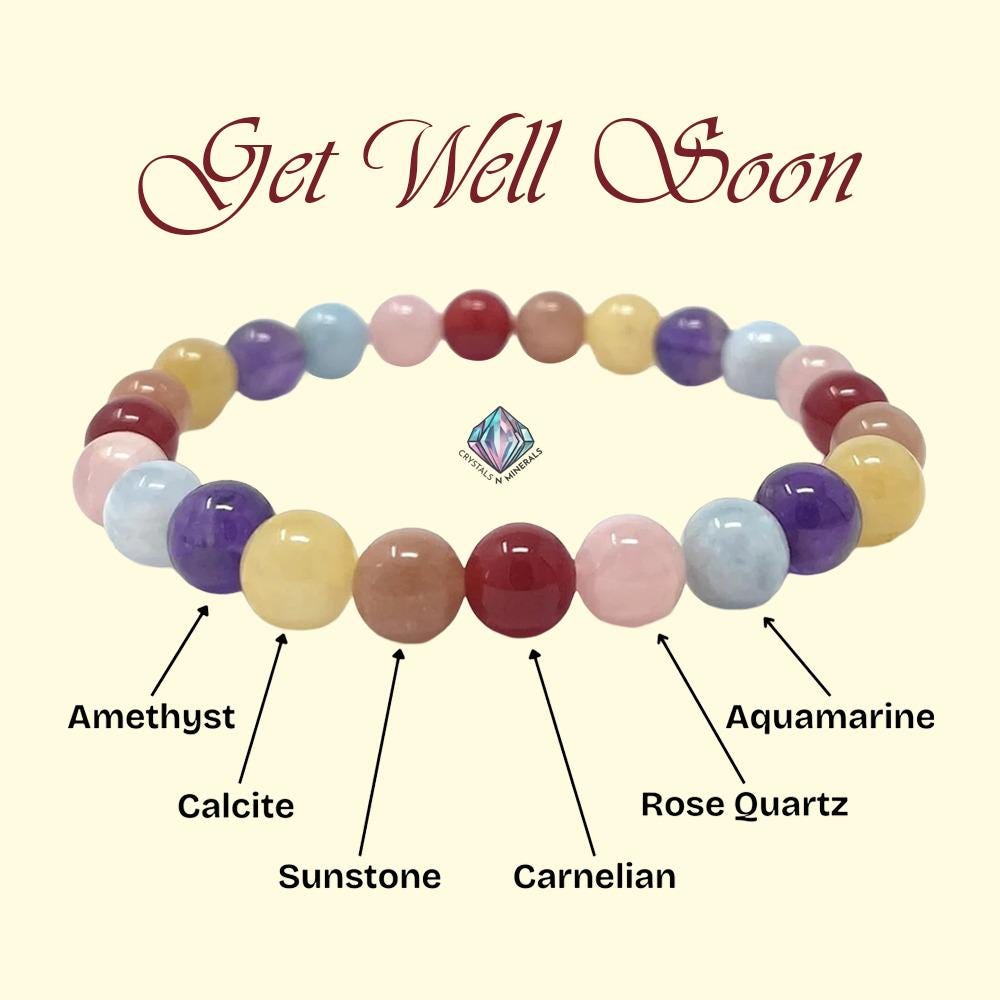 Get Well Soon Crystal Stone Stretchable Bracelet Amethyst ,Calcite, Sunstone, Carnelian, Rose Quartz, Aquamarine Stone Bracelet 8 mm