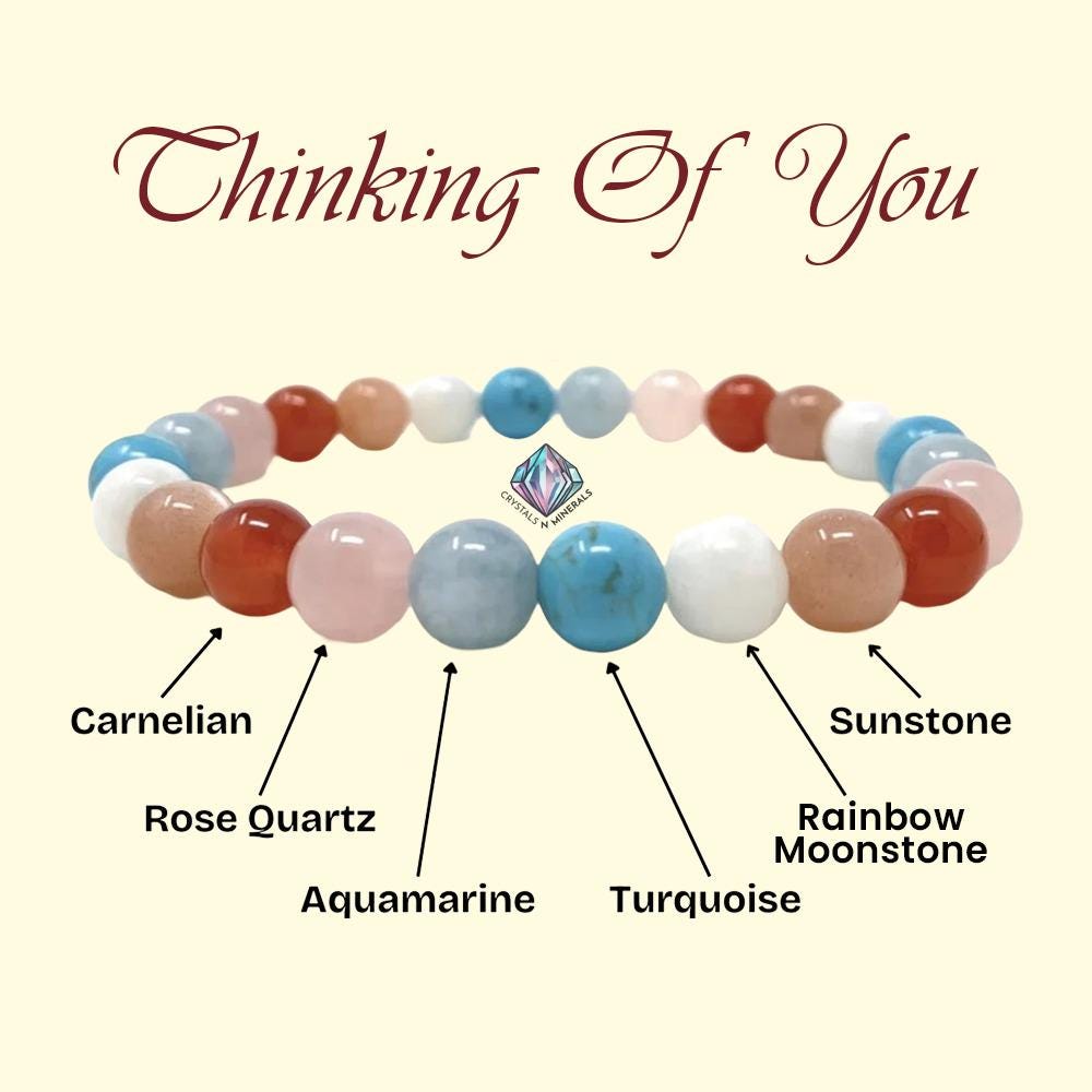 Thinking Of You Soon Crystal Stone, Carnelian, Rose Quartz, Aquamarine ,Turquoise, Rainbow Moonstone, Sunstone, Stone Bracelet 8 mm