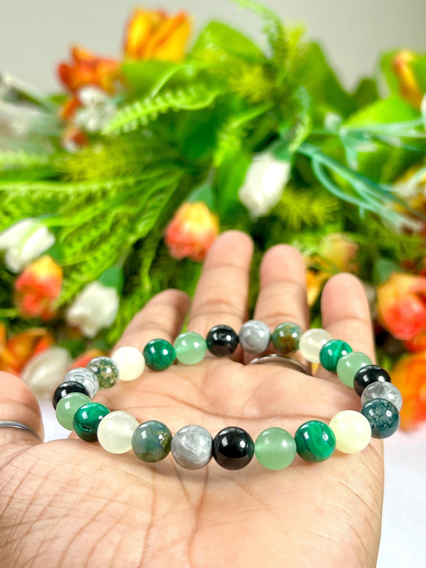 Good Luck Crystal Stone Moss Agate ,Burma Jade ,Malachite ,Green Aventurine ,Black Tourmaline, Flint, Stone Bracelet 8 mm