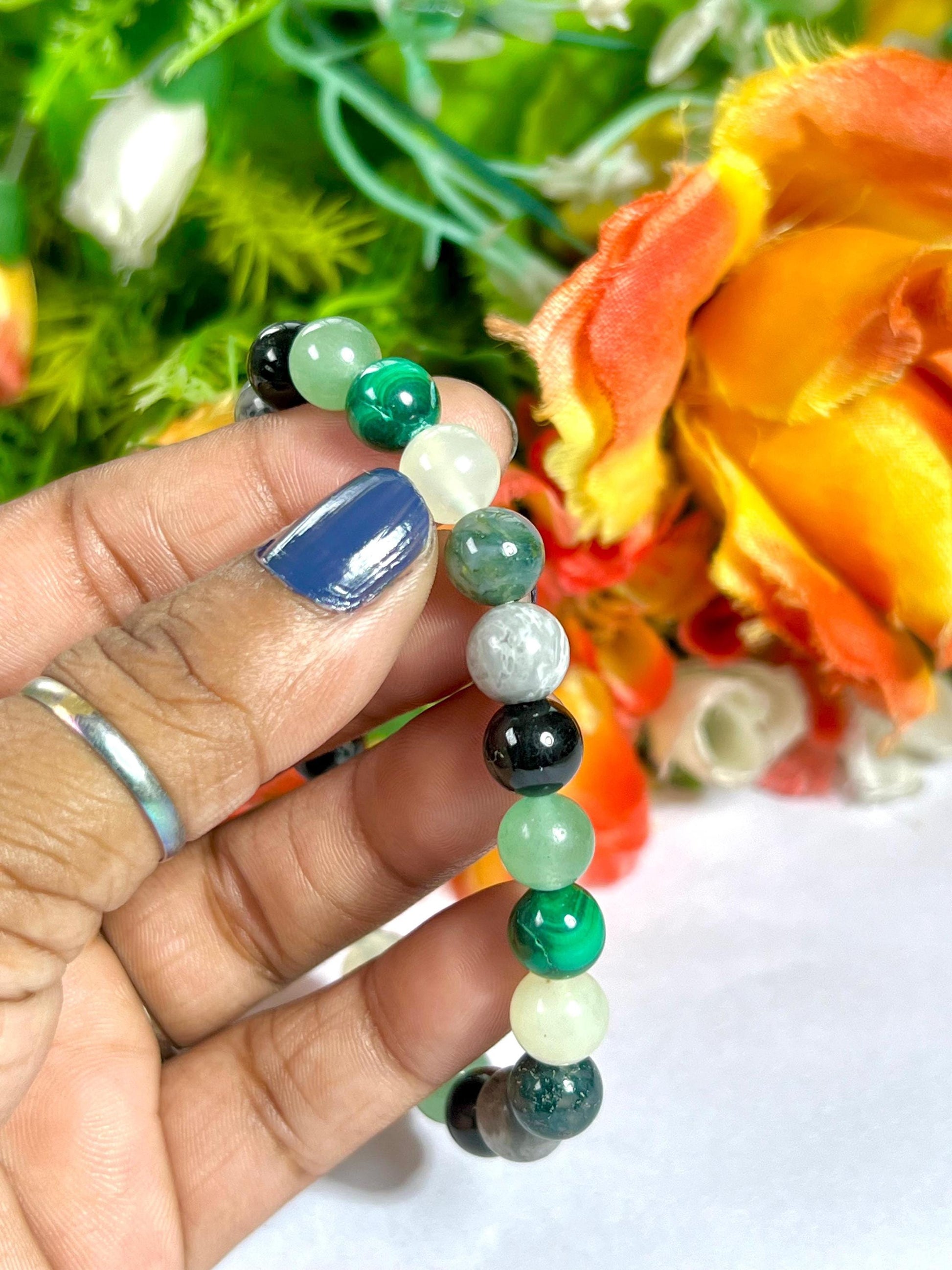 Good Luck Crystal Stone Moss Agate ,Burma Jade ,Malachite ,Green Aventurine ,Black Tourmaline, Flint, Stone Bracelet 8 mm