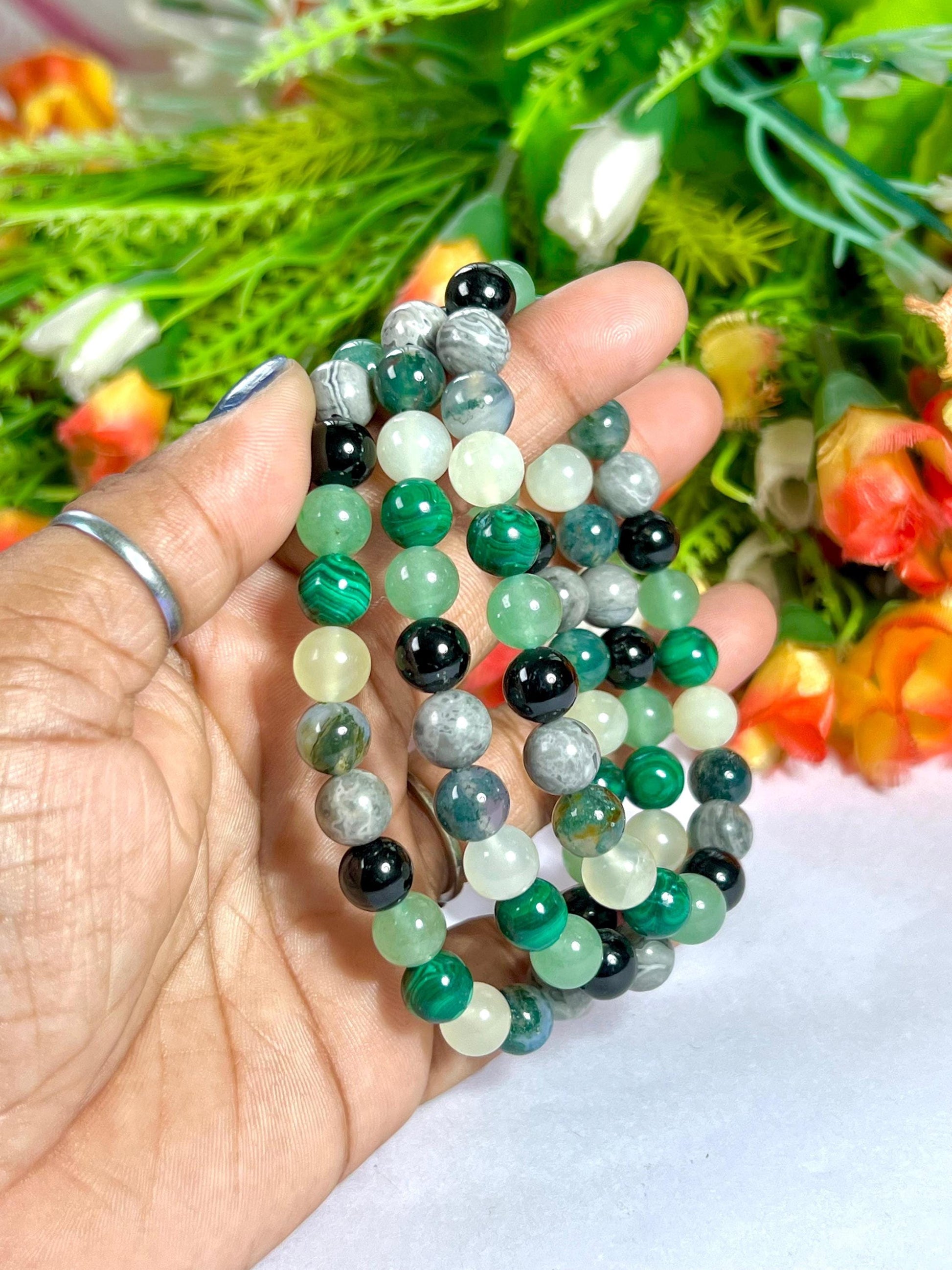 Good Luck Crystal Stone Moss Agate ,Burma Jade ,Malachite ,Green Aventurine ,Black Tourmaline, Flint, Stone Bracelet 8 mm