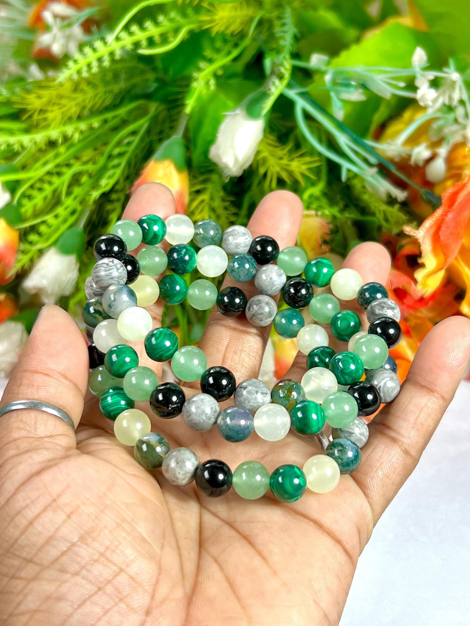 Good Luck Crystal Stone Moss Agate ,Burma Jade ,Malachite ,Green Aventurine ,Black Tourmaline, Flint, Stone Bracelet 8 mm