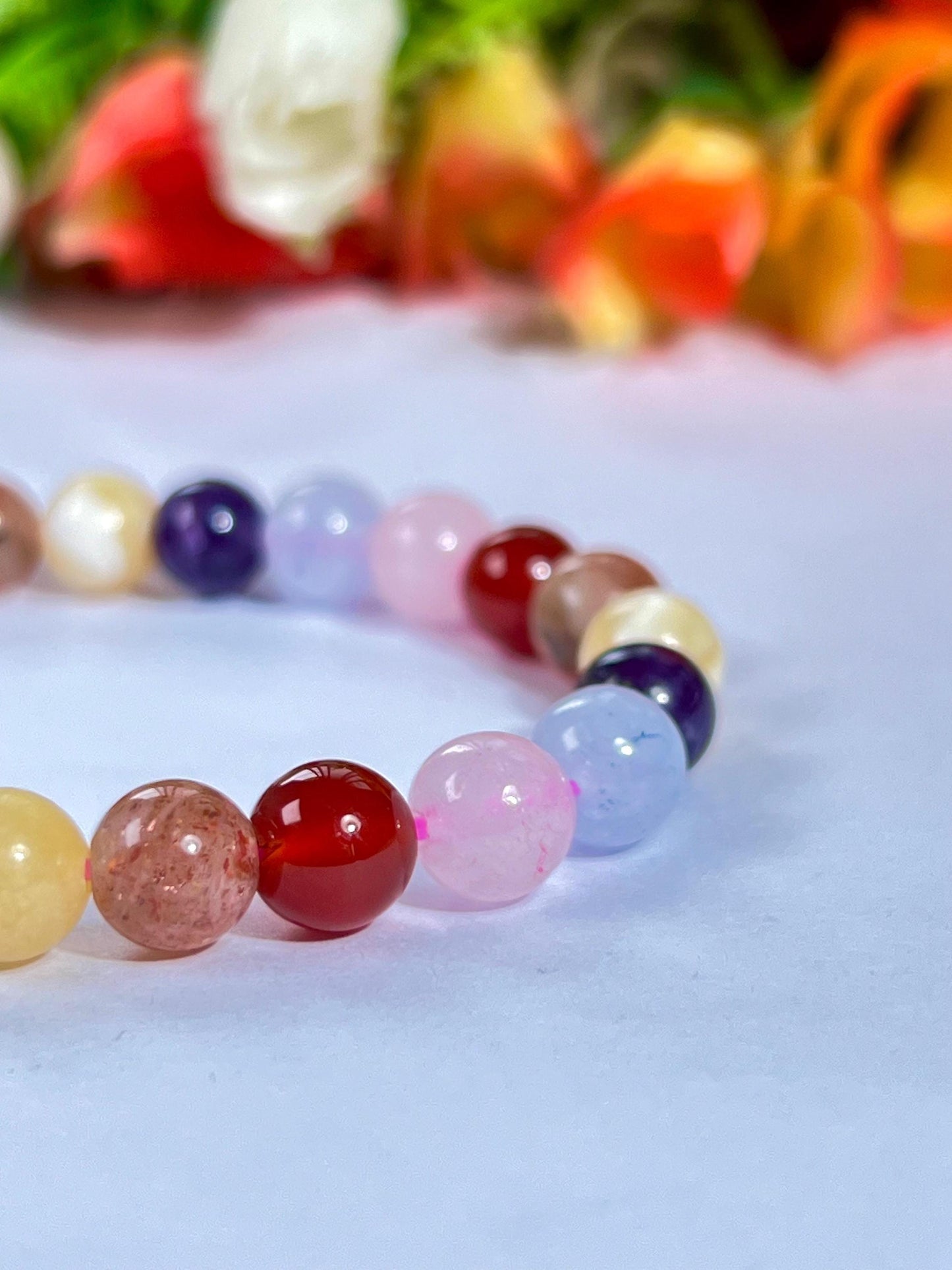 Get Well Soon Crystal Stone Stretchable Bracelet Amethyst ,Calcite, Sunstone, Carnelian, Rose Quartz, Aquamarine Stone Bracelet 8 mm