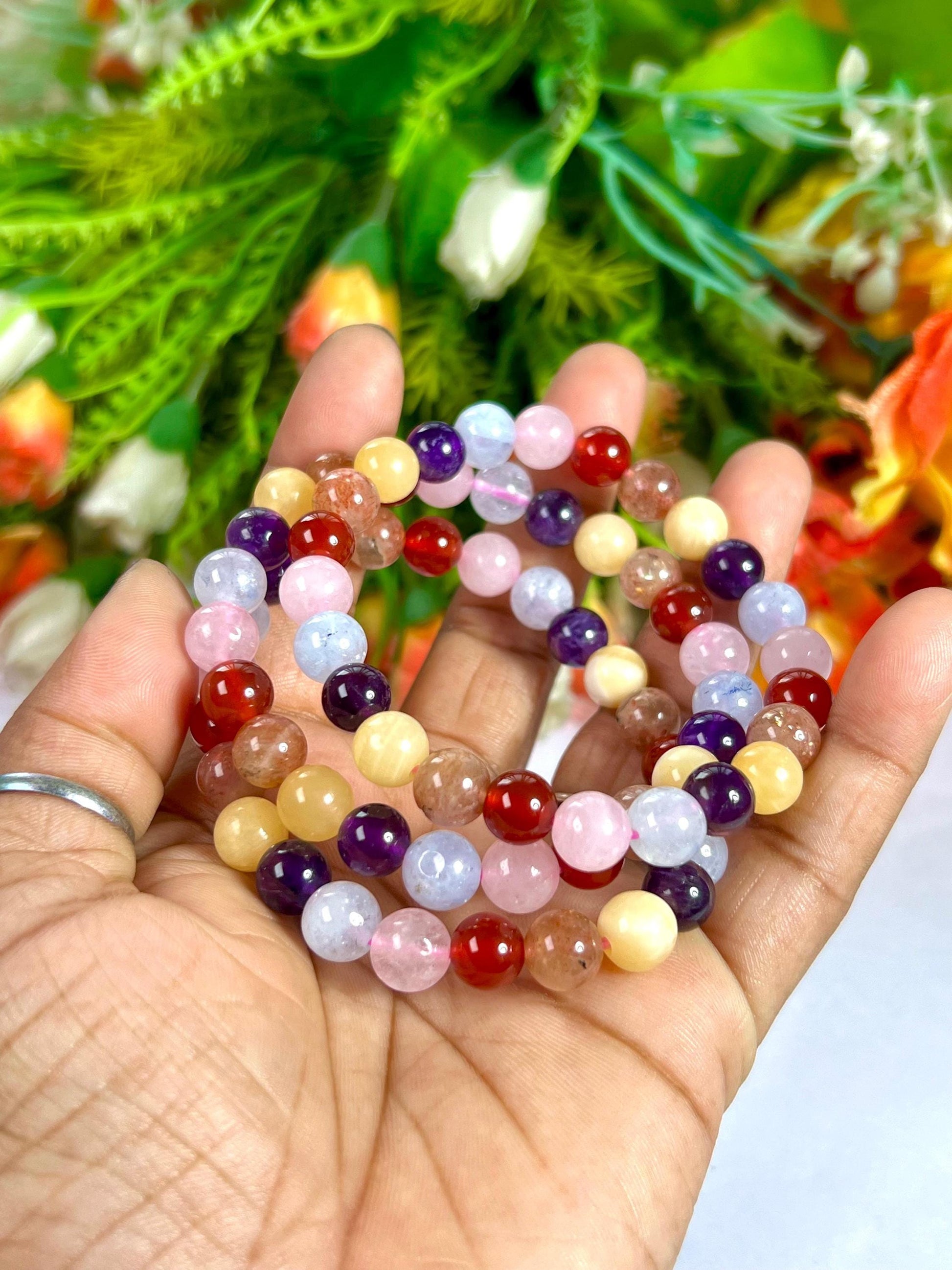 Get Well Soon Crystal Stone Stretchable Bracelet Amethyst ,Calcite, Sunstone, Carnelian, Rose Quartz, Aquamarine Stone Bracelet 8 mm