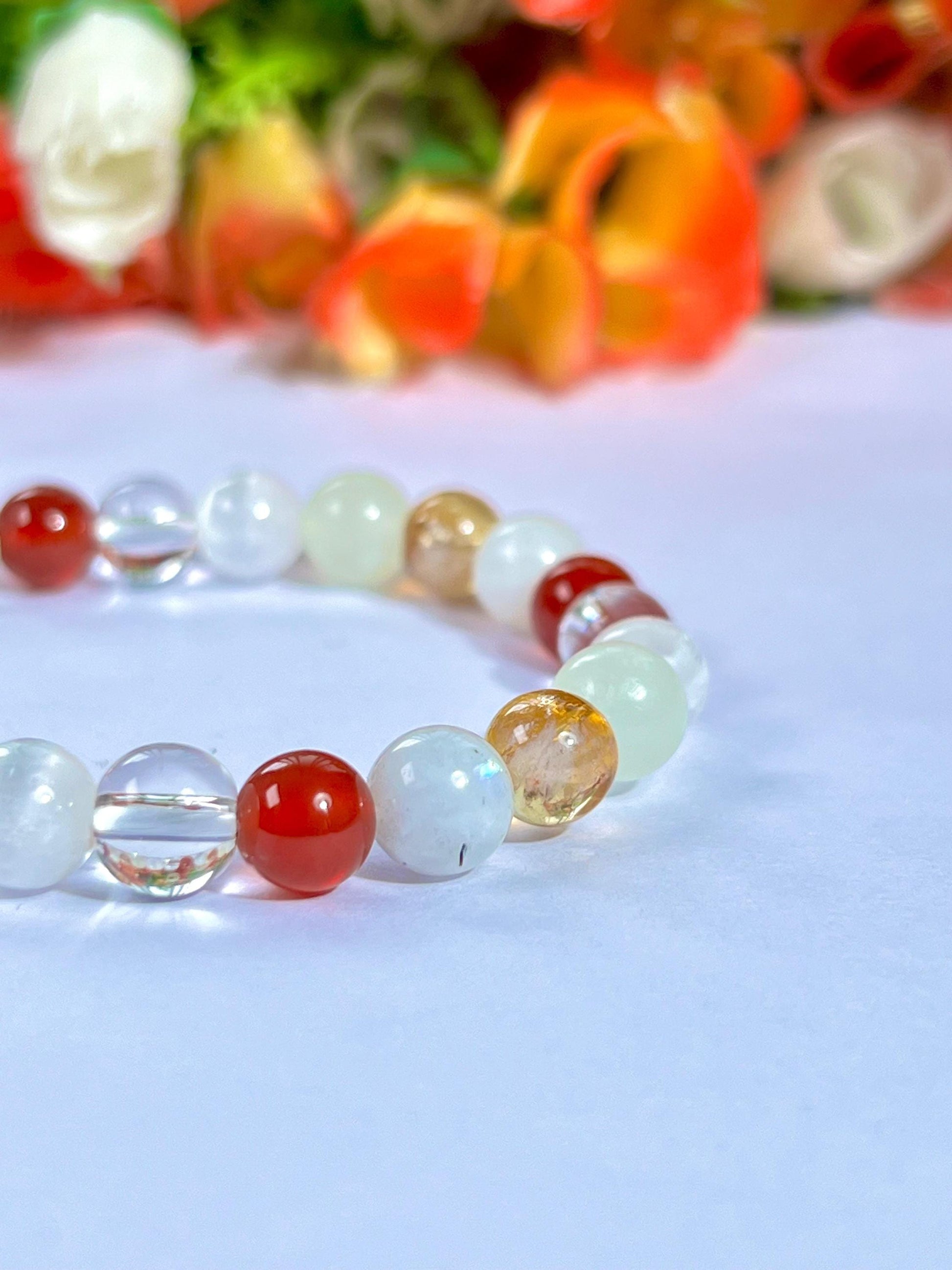 Moon Manifesting Soon Crystal Stone ,Burma Jade, Selenite, Himalayan Crystal, Carnelian, Rainbow Moonstone, Citrine Stone Bracelet 8 mm