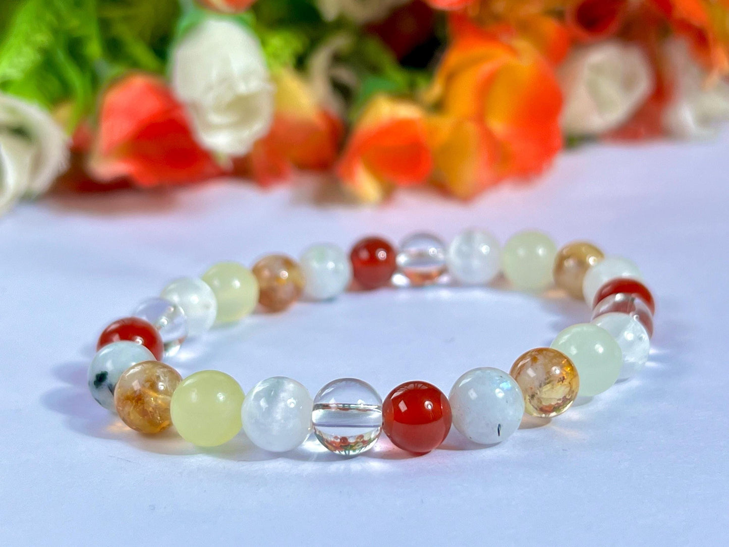 Moon Manifesting Soon Crystal Stone ,Burma Jade, Selenite, Himalayan Crystal, Carnelian, Rainbow Moonstone, Citrine Stone Bracelet 8 mm