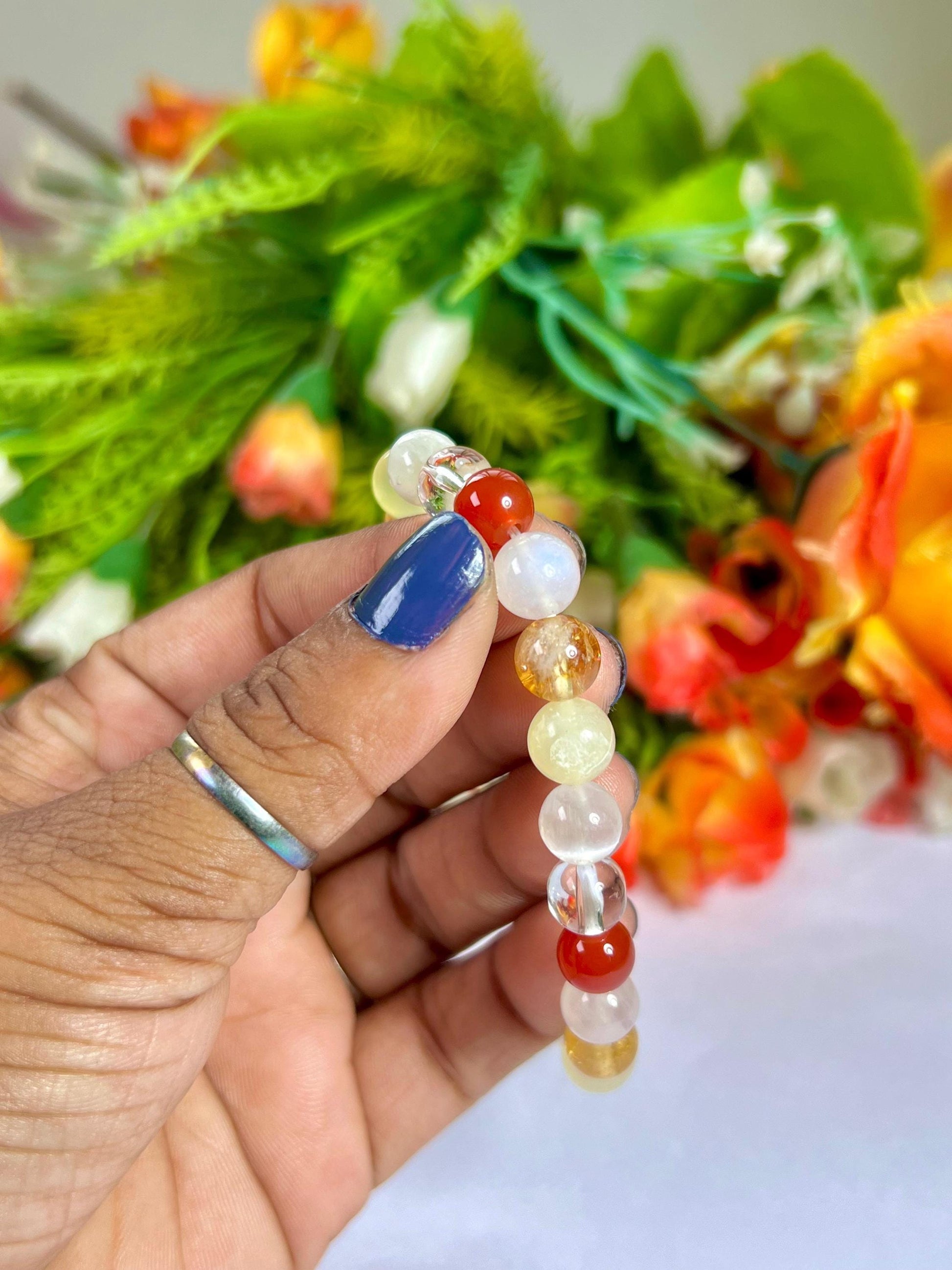 Moon Manifesting Soon Crystal Stone ,Burma Jade, Selenite, Himalayan Crystal, Carnelian, Rainbow Moonstone, Citrine Stone Bracelet 8 mm