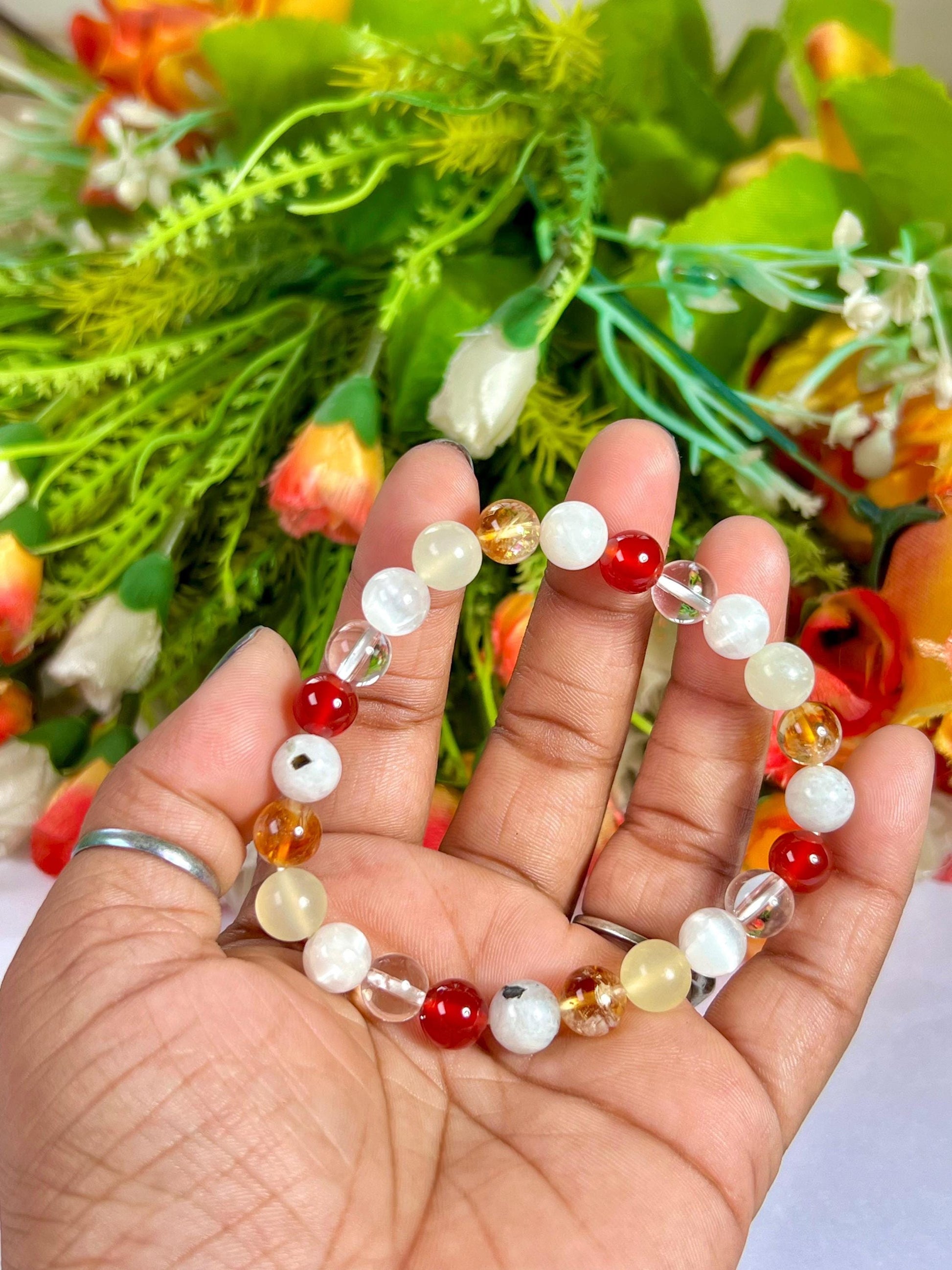 Moon Manifesting Soon Crystal Stone ,Burma Jade, Selenite, Himalayan Crystal, Carnelian, Rainbow Moonstone, Citrine Stone Bracelet 8 mm