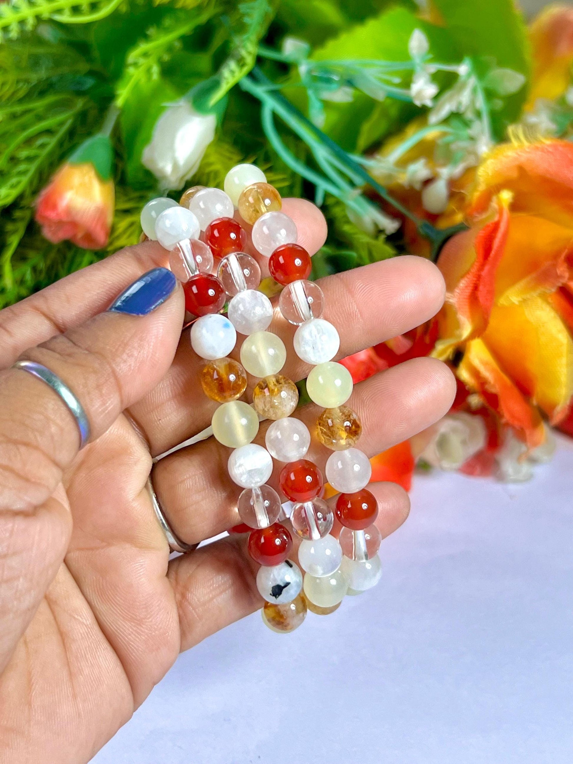 Moon Manifesting Soon Crystal Stone ,Burma Jade, Selenite, Himalayan Crystal, Carnelian, Rainbow Moonstone, Citrine Stone Bracelet 8 mm