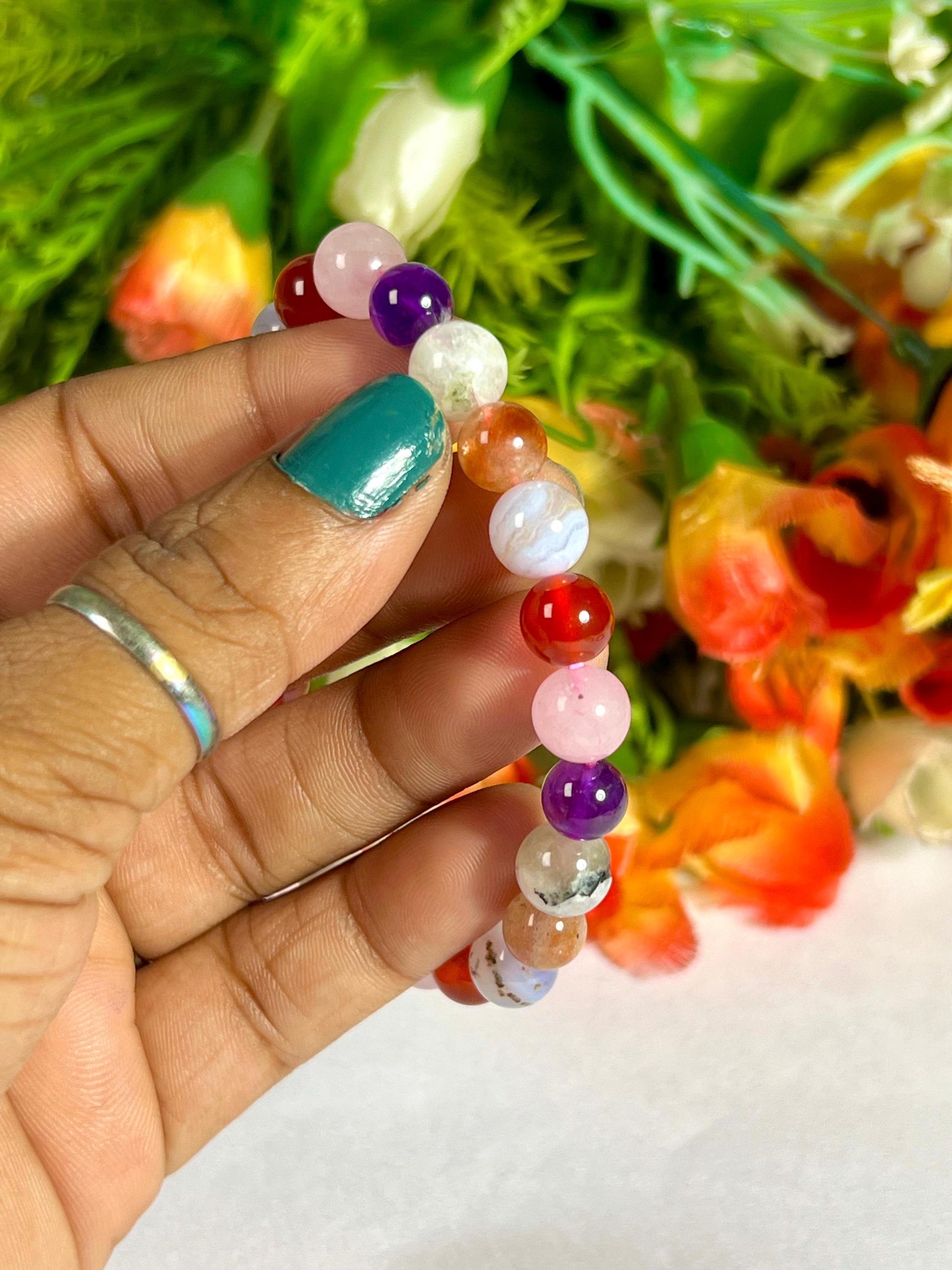 Fertility and Pregnancy Crystal Bracelet – Rose Quartz, Carnelian, Aquamarine, Sunstone, Rainbow Moonstone, Amethyst & Blue Lace Agate