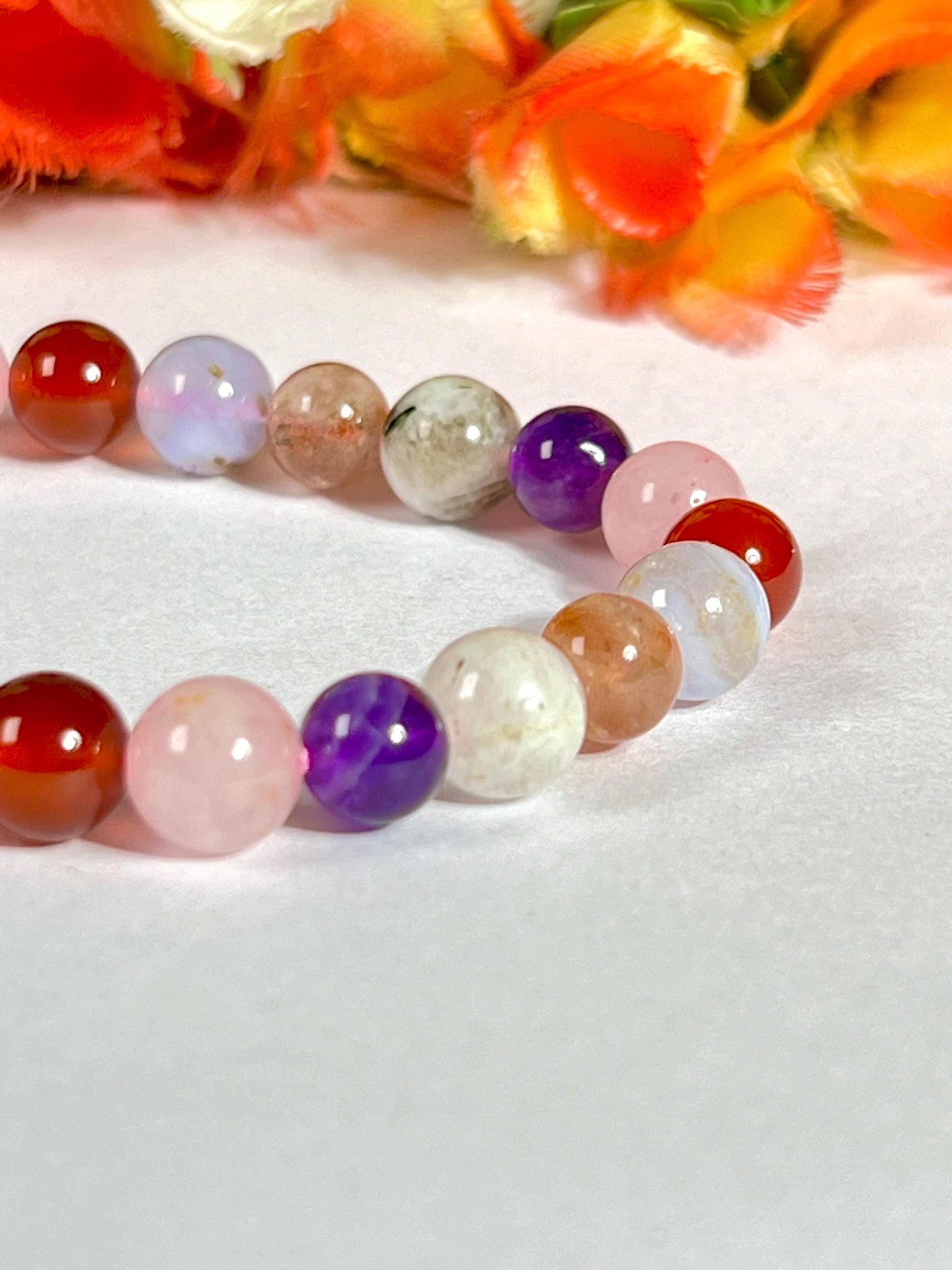 Fertility and Pregnancy Crystal Bracelet – Rose Quartz, Carnelian, Aquamarine, Sunstone, Rainbow Moonstone, Amethyst & Blue Lace Agate