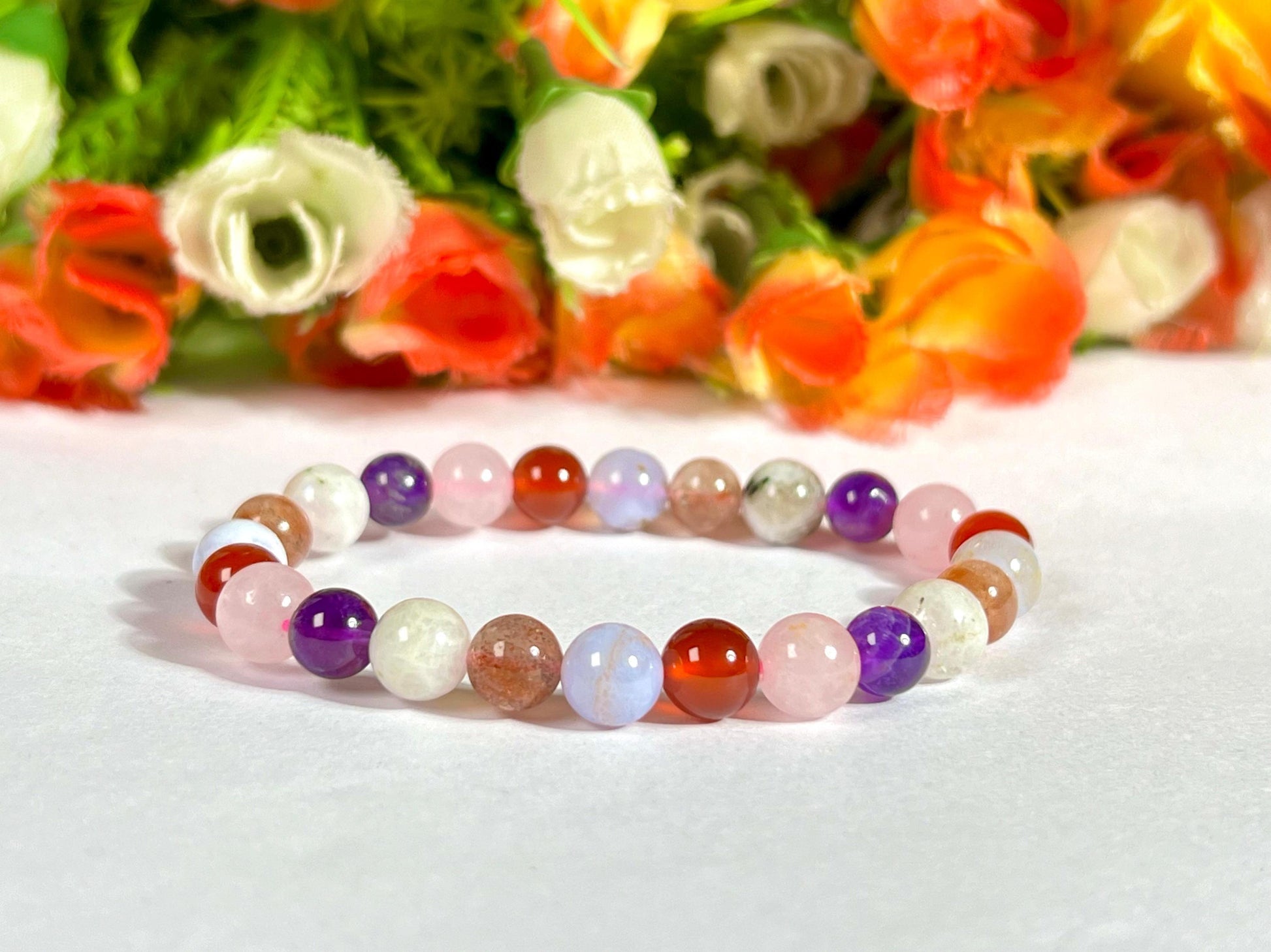Fertility and Pregnancy Crystal Bracelet – Rose Quartz, Carnelian, Aquamarine, Sunstone, Rainbow Moonstone, Amethyst & Blue Lace Agate