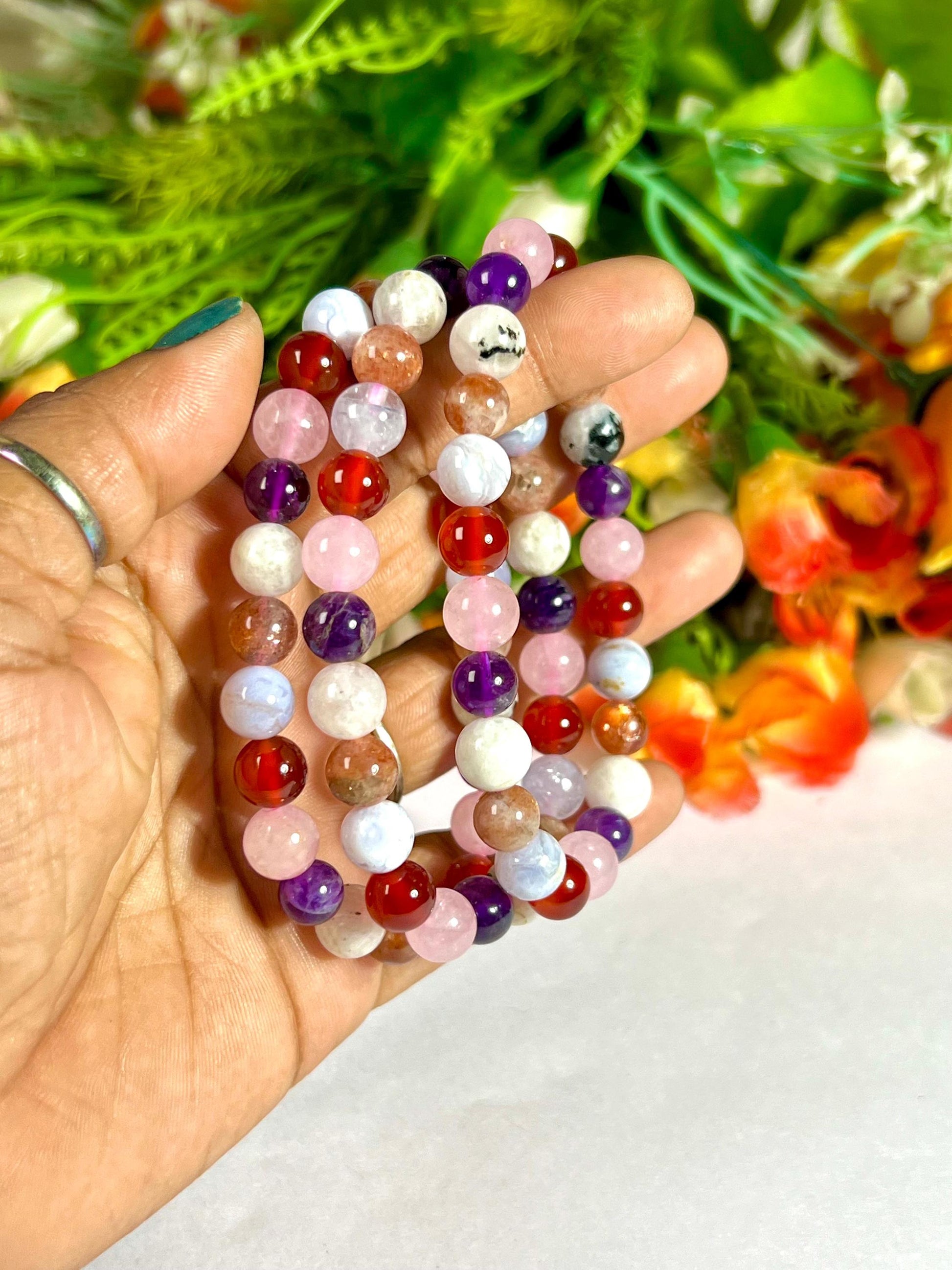 Fertility and Pregnancy Crystal Bracelet – Rose Quartz, Carnelian, Aquamarine, Sunstone, Rainbow Moonstone, Amethyst & Blue Lace Agate
