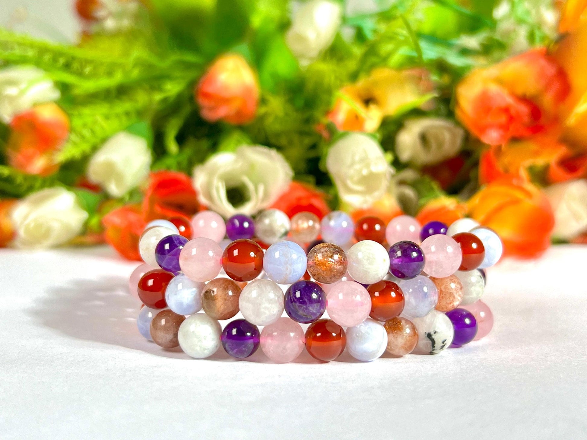 Fertility and Pregnancy Crystal Bracelet – Rose Quartz, Carnelian, Aquamarine, Sunstone, Rainbow Moonstone, Amethyst & Blue Lace Agate