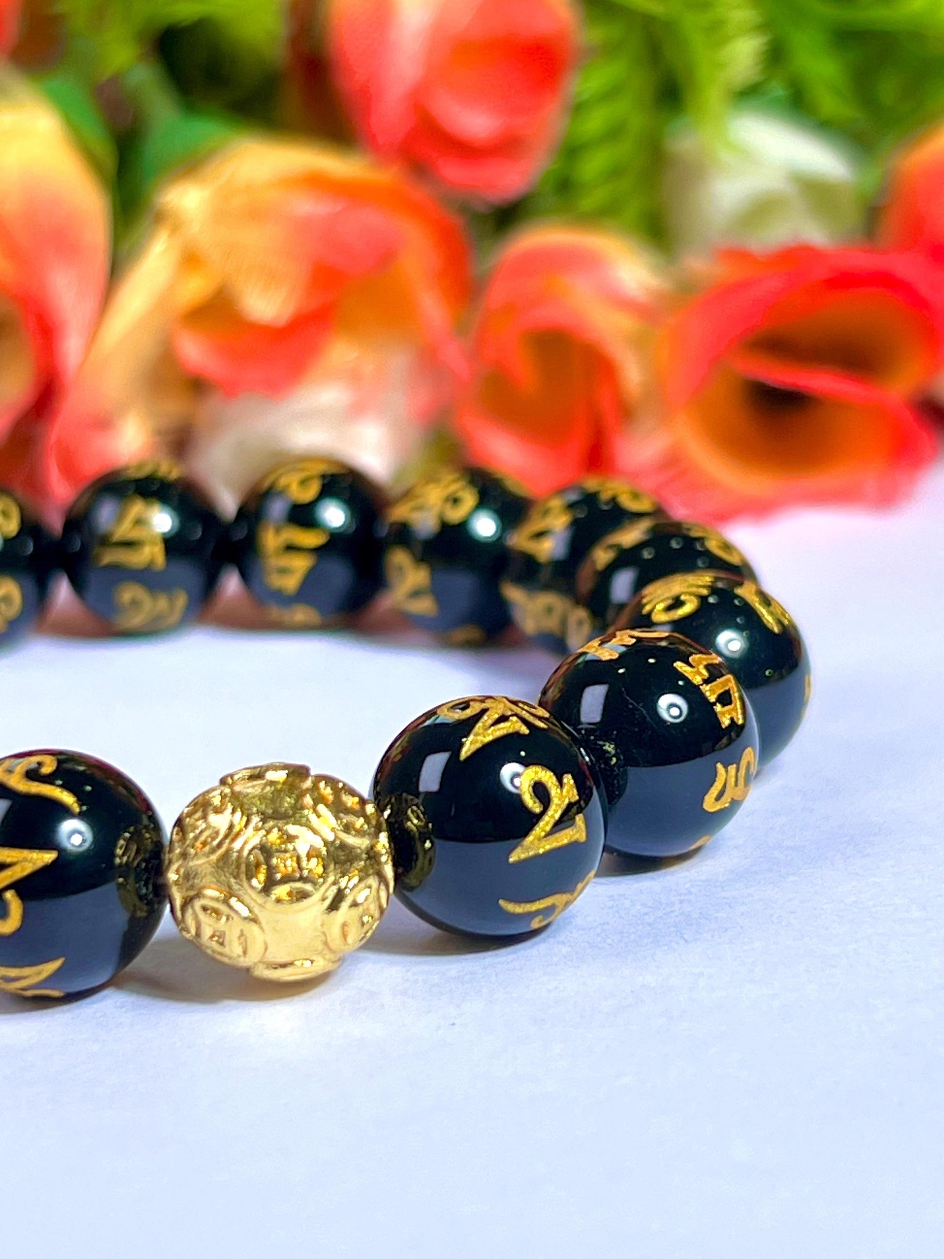 Feng Shui Pixiu Bead with Black Obsidian Om Mani Padme Hum Stone Bracelet 8mm Wealth Bracelet, Protection Healing Bracelet Gift for Unisex